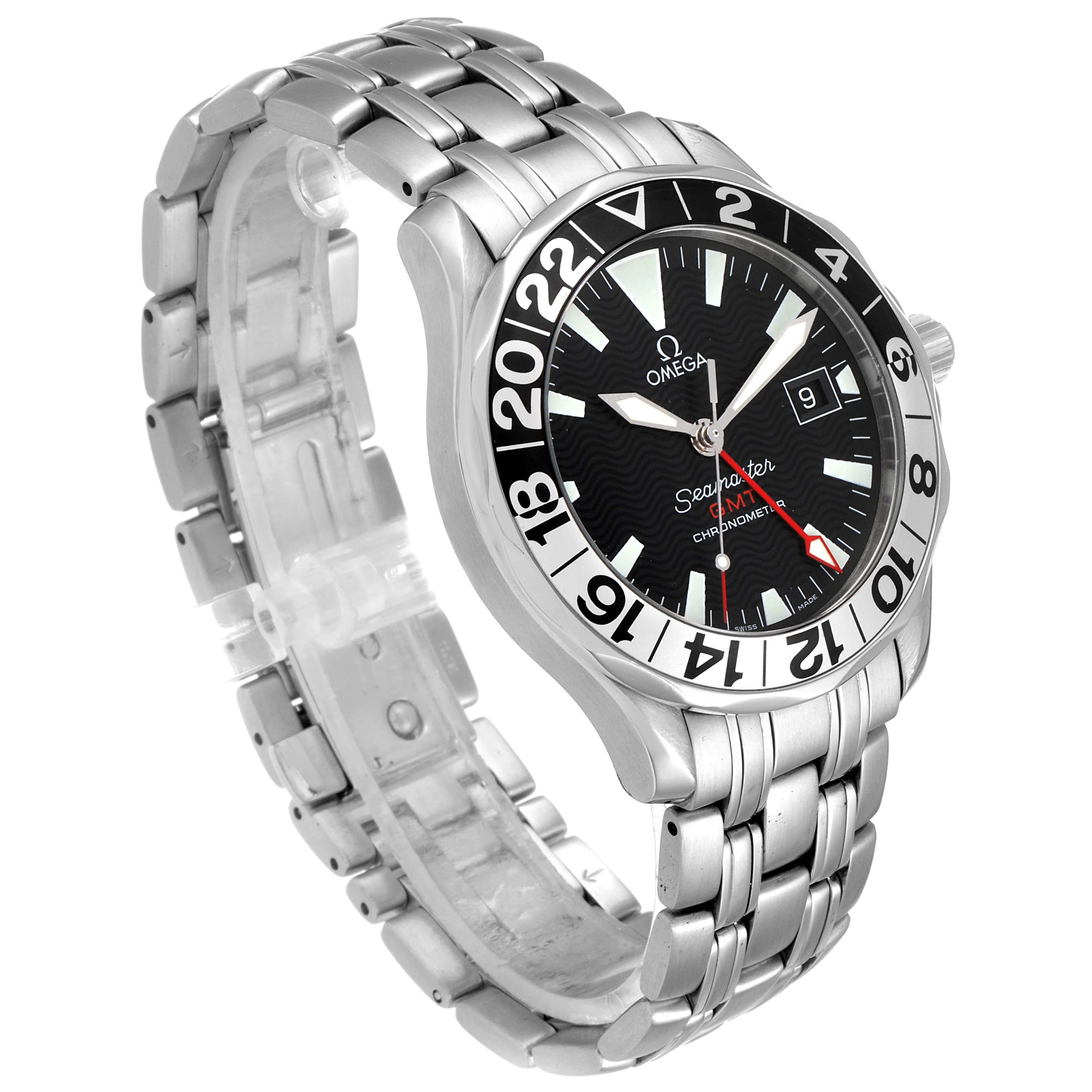 The image shows an angled view of an Omega Seamaster 2234.50.00 Men
s Stainless Steel Black Dial 2234.50.00 Men
s Stainless Steel Black Dial watch displaying the face, bezel, crown, and stainless steel bracelet.