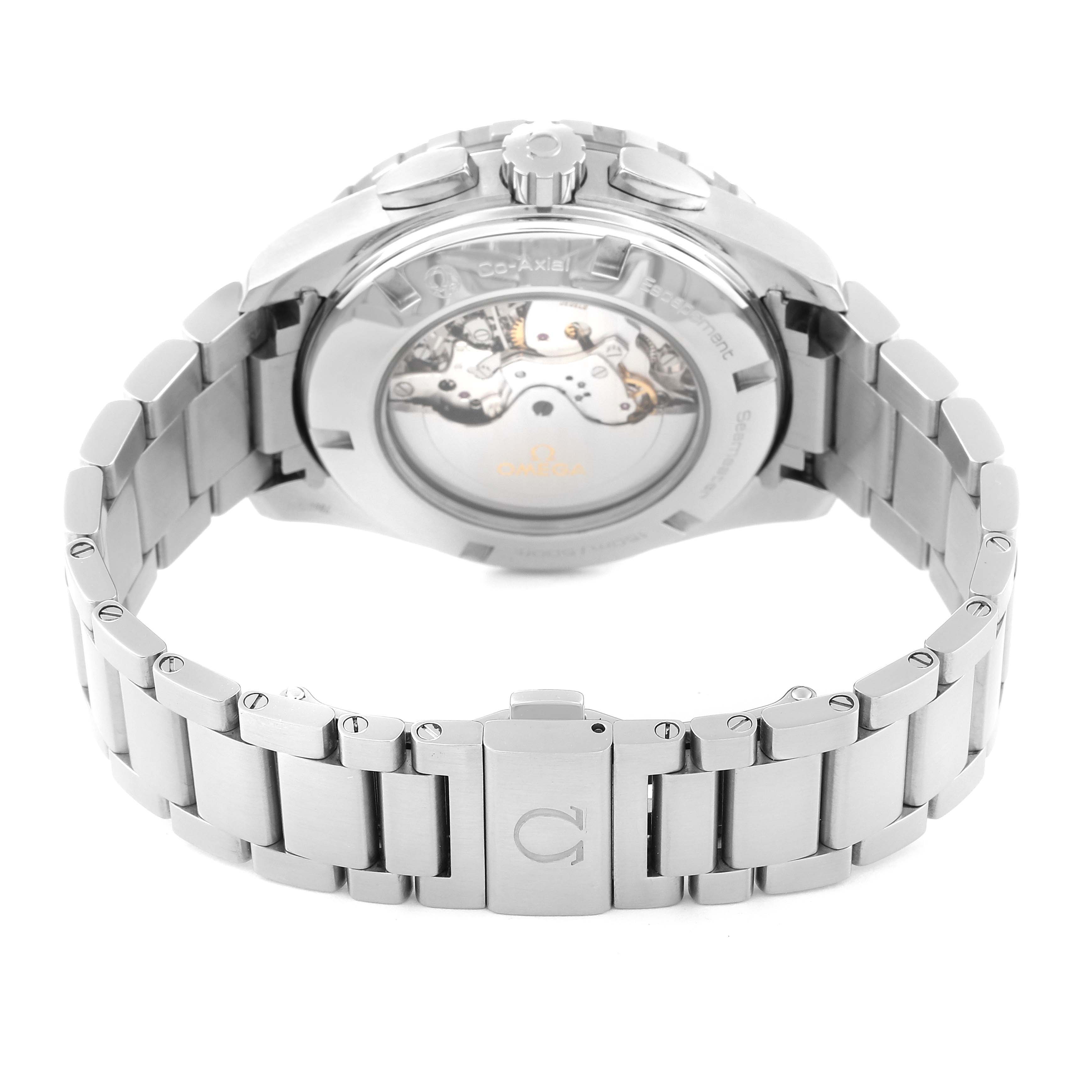 The image shows the back view of the Omega Seamaster 231.10.44.52.04.001 Men
s Stainless Steel White Dial 231.10.44.52.04.001 Men
s Stainless Steel White Dial watch, highlighting its open case back and metal bracelet.