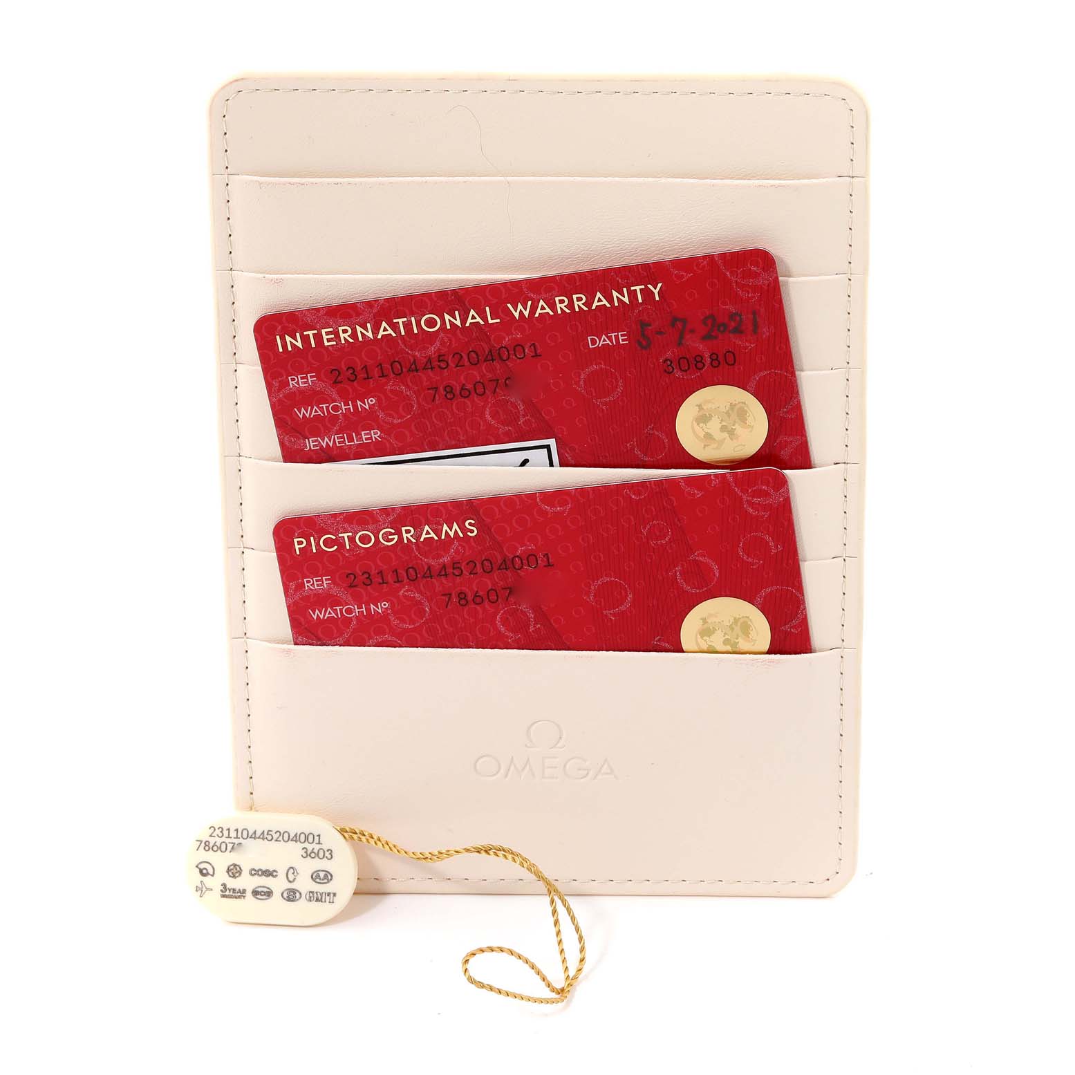 The image shows warranty cards and a tag for the Omega Seamaster 231.10.44.52.04.001 Men
s Stainless Steel White Dial 231.10.44.52.04.001 Men
s Stainless Steel White Dial model, displayed straight-on in a cardholder.