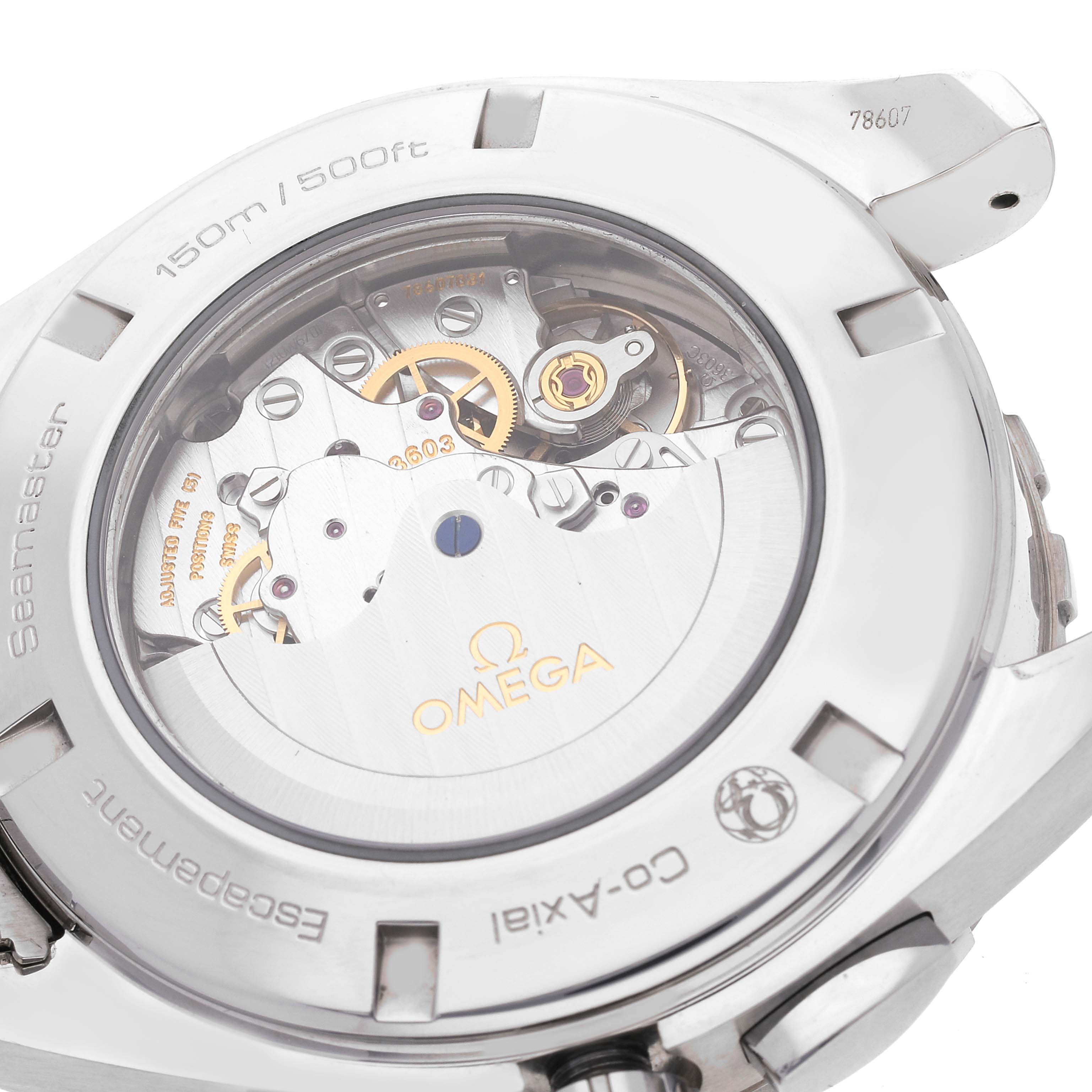 This is a rear view of the Omega Seamaster 231.10.44.52.04.001 Men
s Stainless Steel White Dial 231.10.44.52.04.001 Men
s Stainless Steel White Dial watch, showcasing its exposed Co-Axial movement and internal mechanisms.