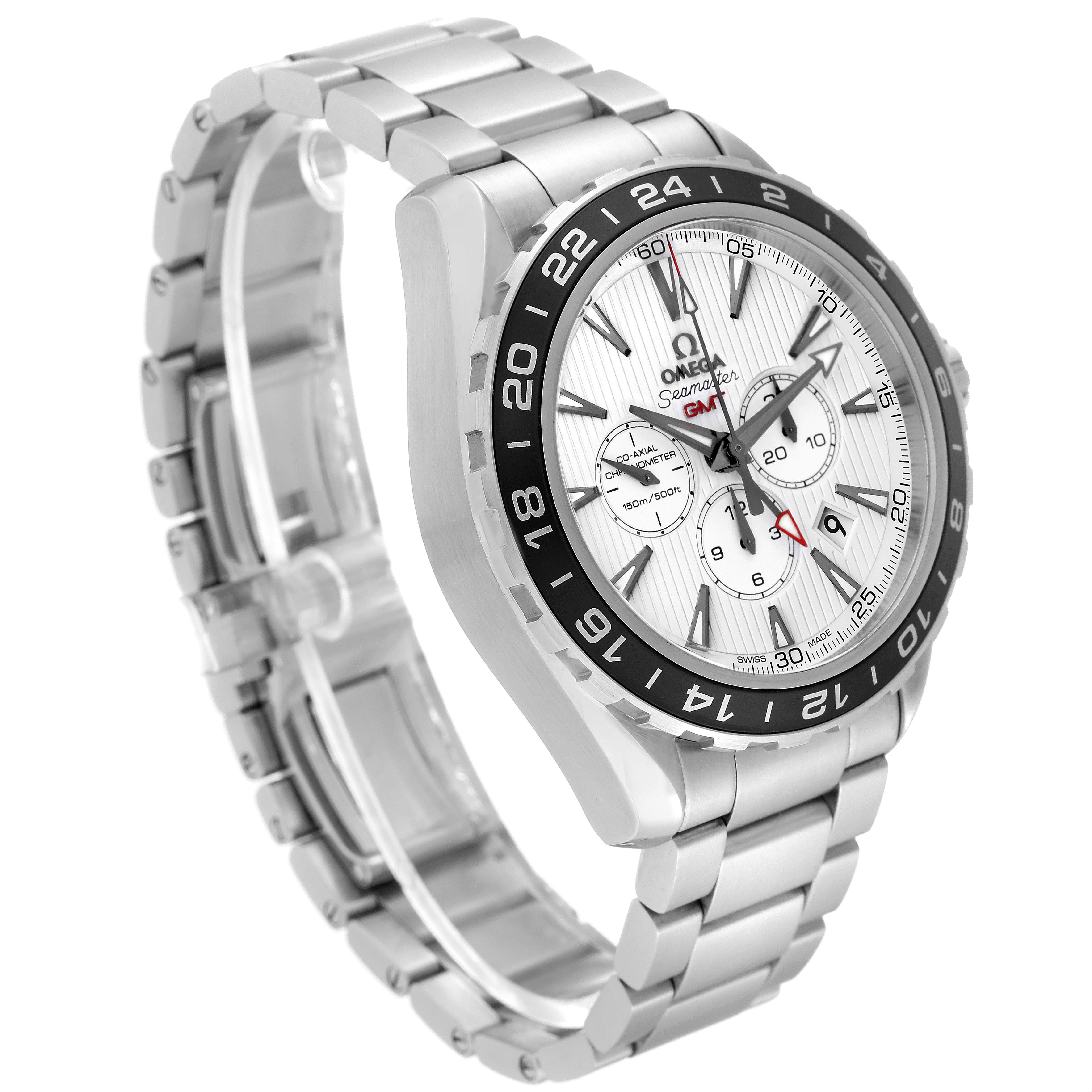 The image shows a side angle of the Omega Seamaster 231.10.44.52.04.001 Men
s Stainless Steel White Dial 231.10.44.52.04.001 Men
s Stainless Steel White Dial watch, highlighting its face, bezel, strap, and chronograph features.