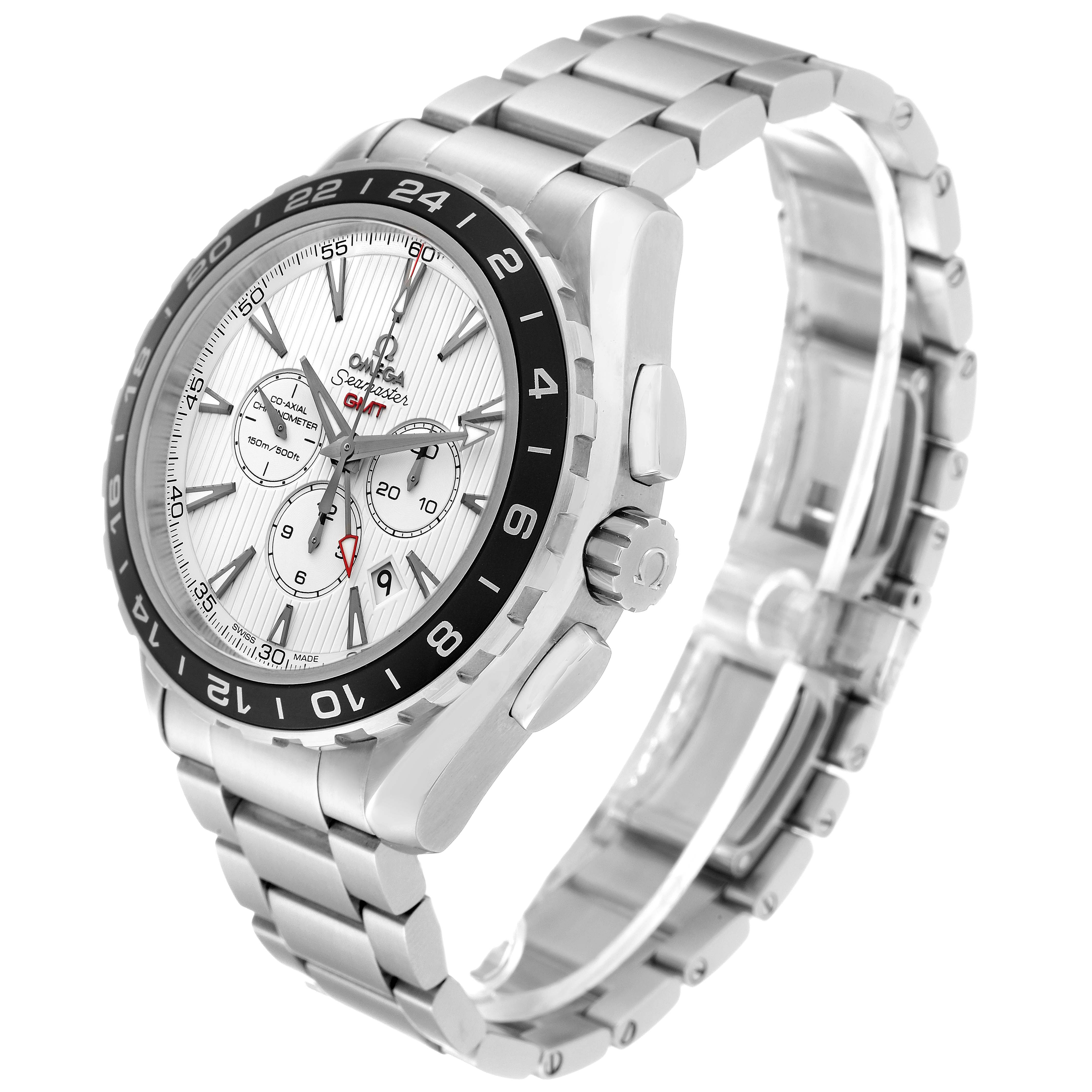The Omega Seamaster 231.10.44.52.04.001 Men
s Stainless Steel White Dial 231.10.44.52.04.001 Men
s Stainless Steel White Dial watch is shown at an angle highlighting the face, bezel, and metal bracelet.