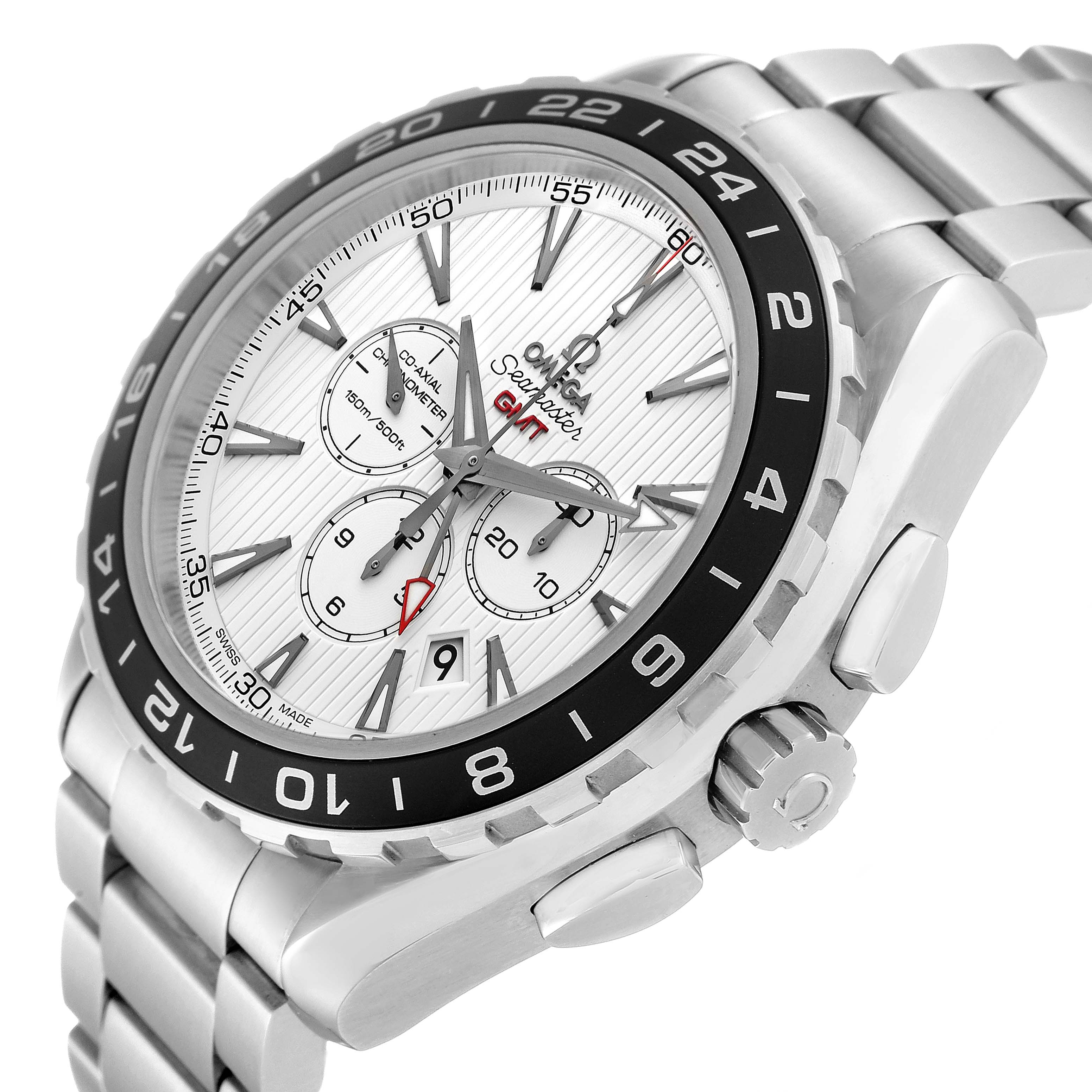 The image shows an Omega Seamaster 231.10.44.52.04.001 Men
s Stainless Steel White Dial 231.10.44.52.04.001 Men
s Stainless Steel White Dial watch, angled from the front-right, displaying the dial, bezel, crown, and bracelet.