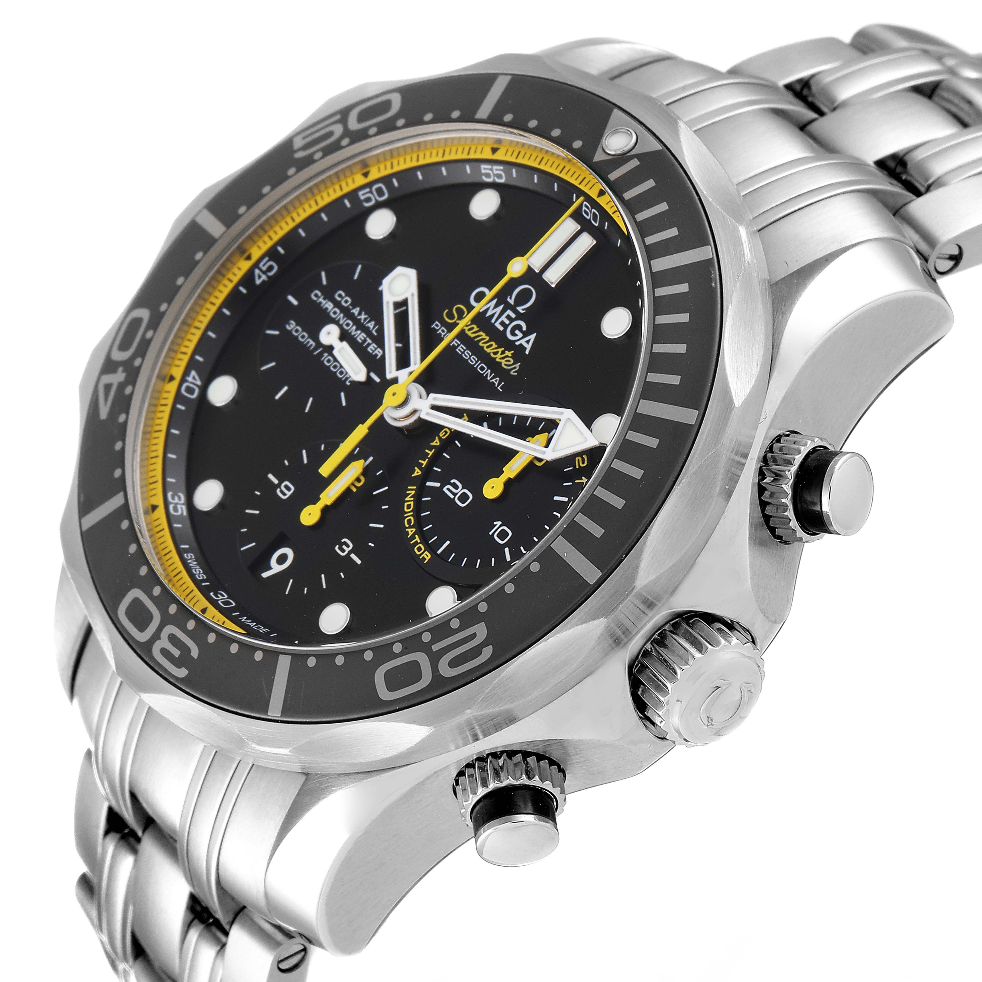 The image shows an angled view of the Omega Seamaster 212.30.44.50.01.002 Men's Stainless Steel Black Dial 212.30.44.50.01.002 Men's Stainless Steel Black Dial watch, highlighting its face, bezel, crown, and metal bracelet.