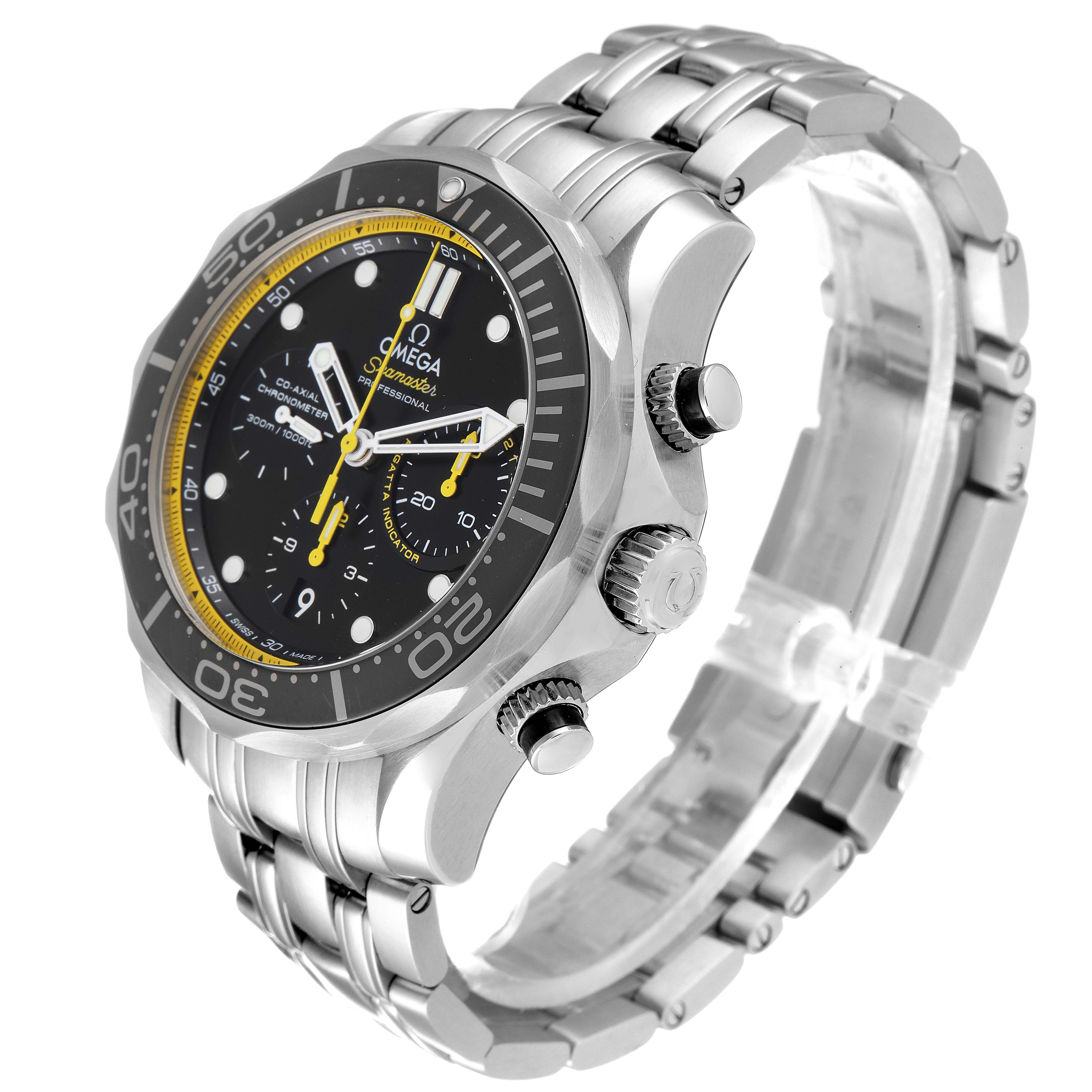 The Omega Seamaster 212.30.44.50.01.002 Men's Stainless Steel Black Dial 212.30.44.50.01.002 Men's Stainless Steel Black Dial watch is shown at a three-quarter angle, highlighting the face, bezel, bracelet, and side pushers.