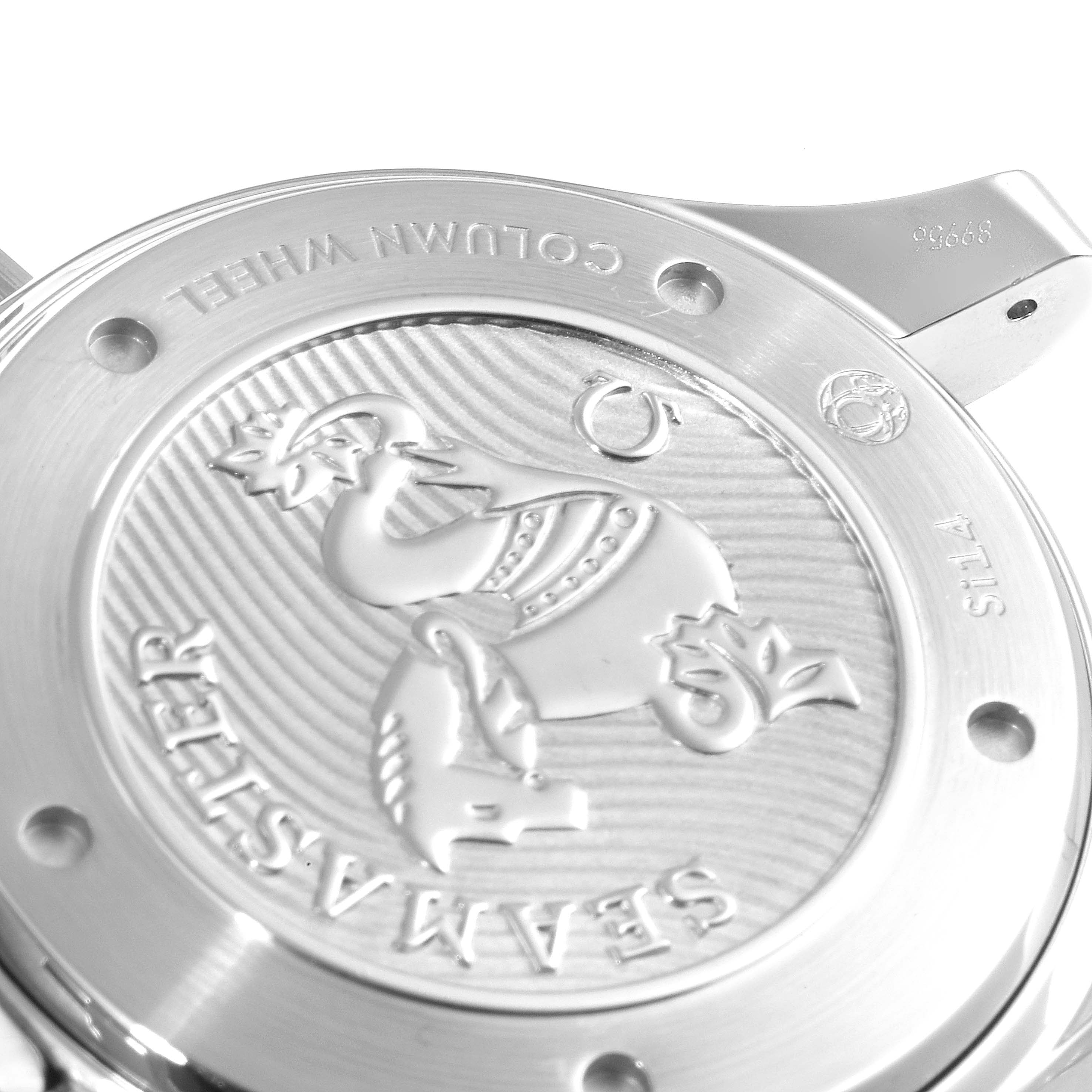 The image shows a close-up of the case back of an Omega Seamaster 212.30.44.50.01.002 Men's Stainless Steel Black Dial 212.30.44.50.01.002 Men's Stainless Steel Black Dial watch, including the engraved emblem and text detailing.