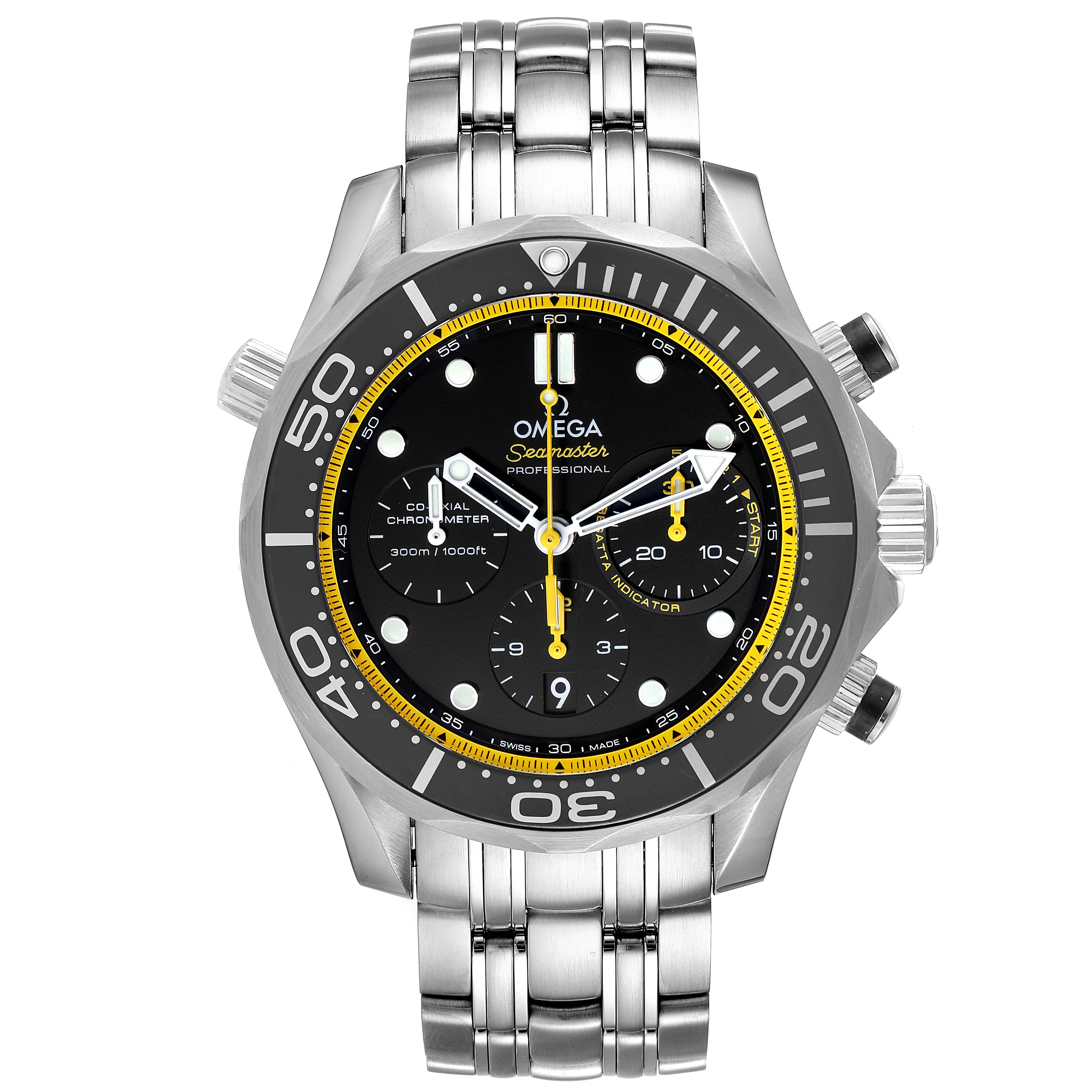 The image shows a front view of the Omega Seamaster 212.30.44.50.01.002 Men's Stainless Steel Black Dial 212.30.44.50.01.002 Men's Stainless Steel Black Dial watch, displaying the dial, bezel, and metal bracelet.