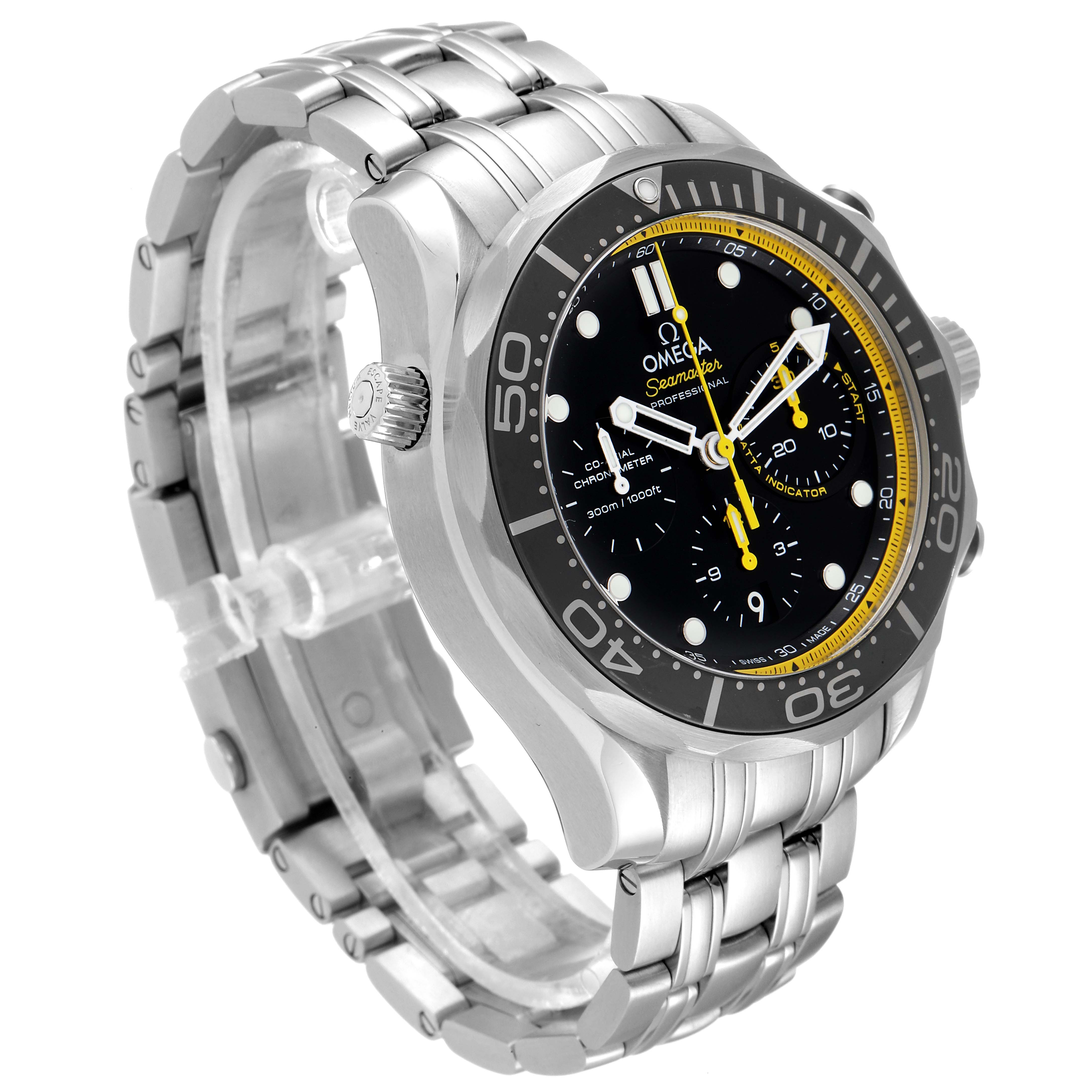 This image shows the side and front angles of the Omega Seamaster 212.30.44.50.01.002 Men's Stainless Steel Black Dial 212.30.44.50.01.002 Men's Stainless Steel Black Dial watch, highlighting its bezel, dial, and metal bracelet.