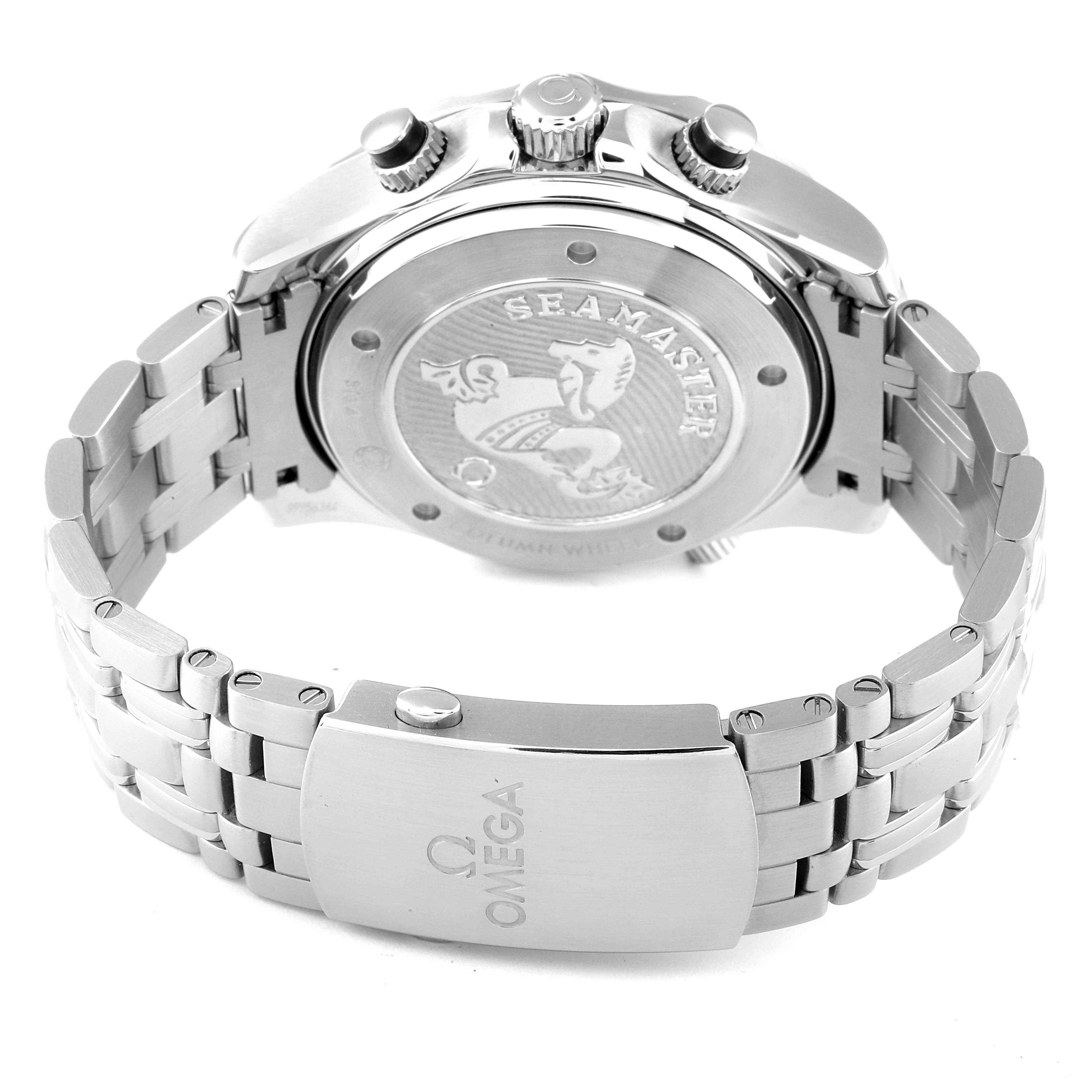 The image shows the back and clasp of an Omega Seamaster 212.30.44.50.01.002 Men's Stainless Steel Black Dial 212.30.44.50.01.002 Men's Stainless Steel Black Dial watch, highlighting the engraved case back and stainless steel bracelet.