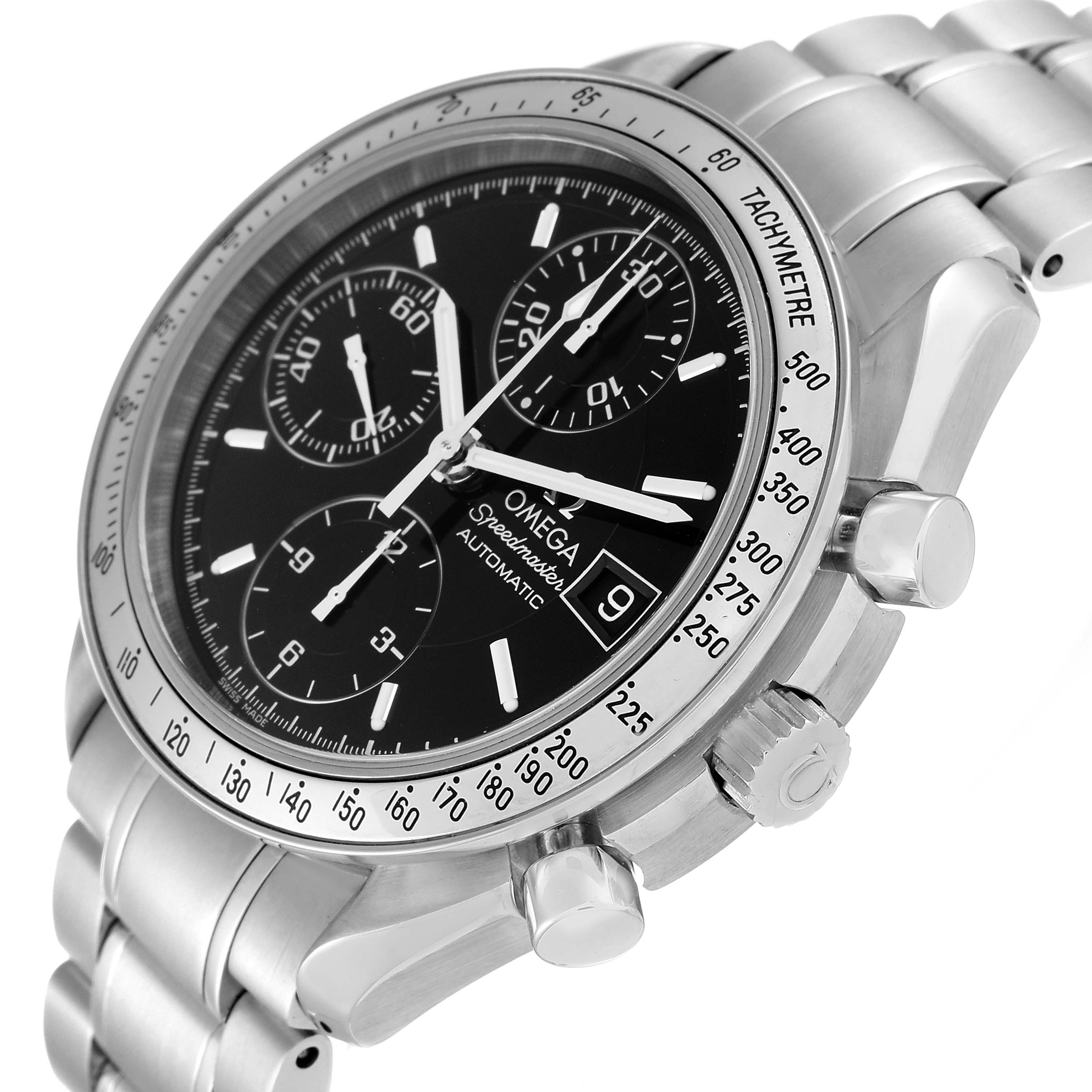 The image shows an angled side view of an Omega Speedmaster 3513.50.00 Men
s Stainless Steel Black Dial 3513.50.00 Men
s Stainless Steel Black Dial watch, highlighting its dial, tachymeter bezel, pushers, and crown.