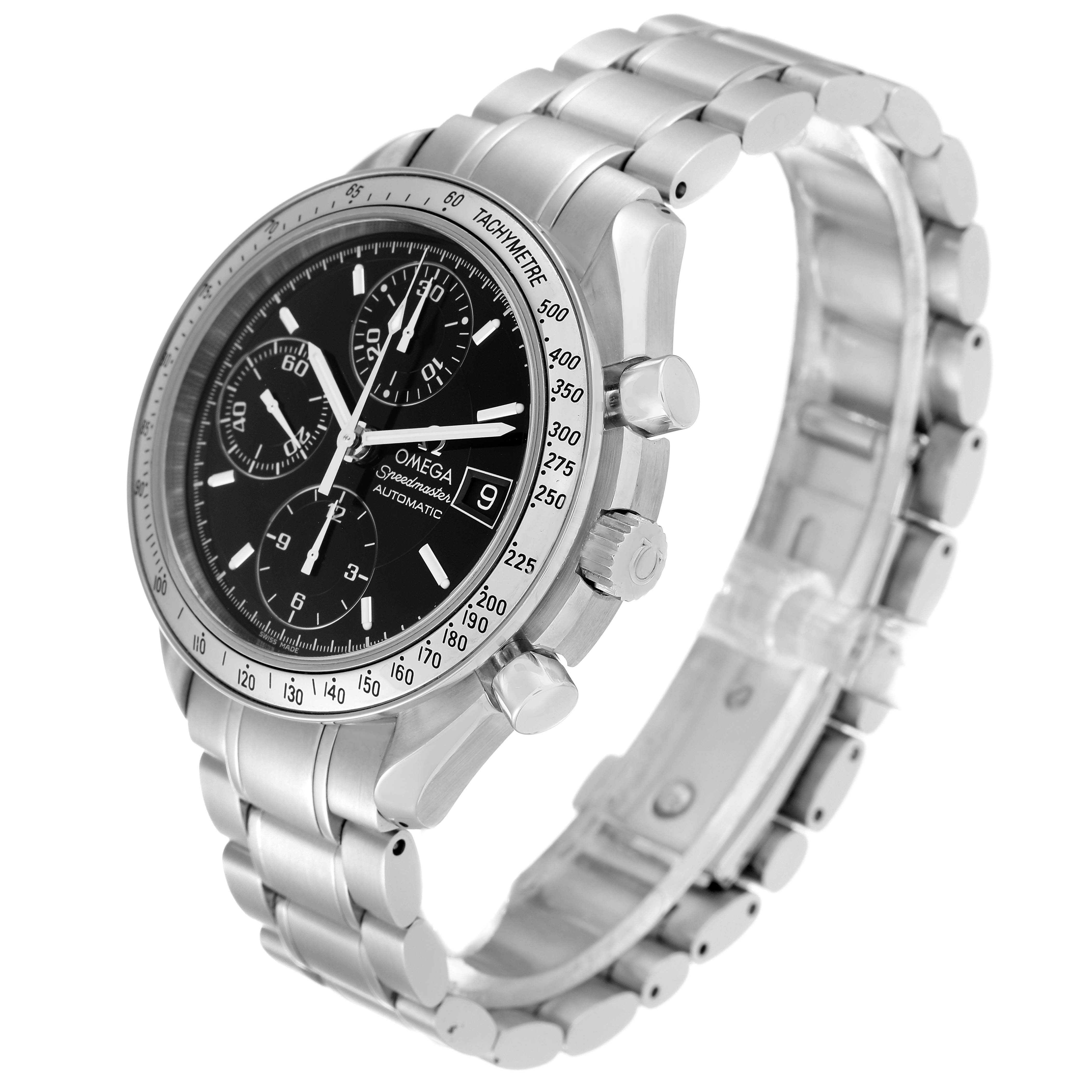 This image shows an angled view of an Omega Speedmaster 3513.50.00 Men
s Stainless Steel Black Dial 3513.50.00 Men
s Stainless Steel Black Dial watch, highlighting the dial, subdials, date window, and stainless steel bracelet.