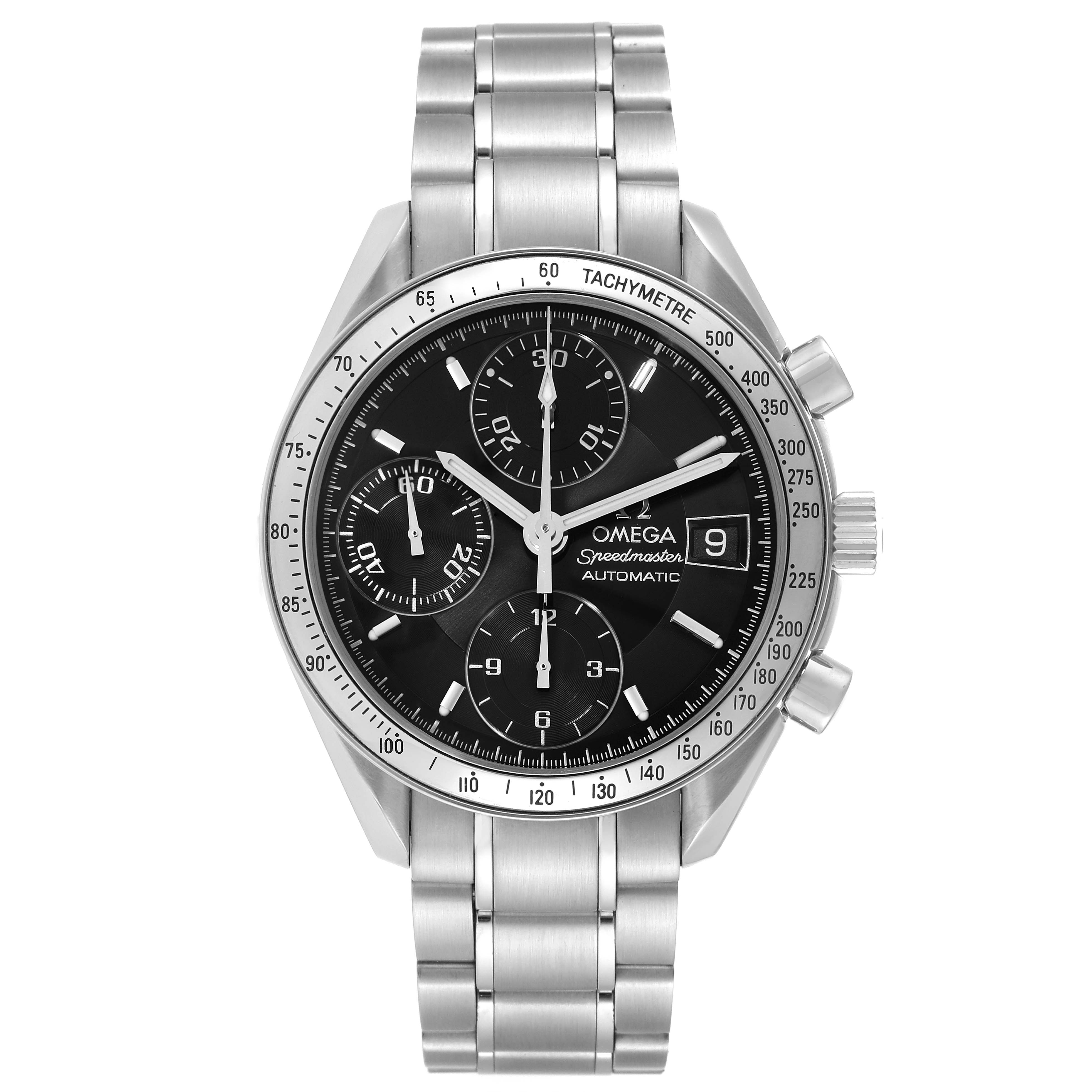 The Omega Speedmaster 3513.50.00 Men
s Stainless Steel Black Dial 3513.50.00 Men
s Stainless Steel Black Dial watch is shown from a direct front angle, displaying its face, tachymeter bezel, and metal bracelet.