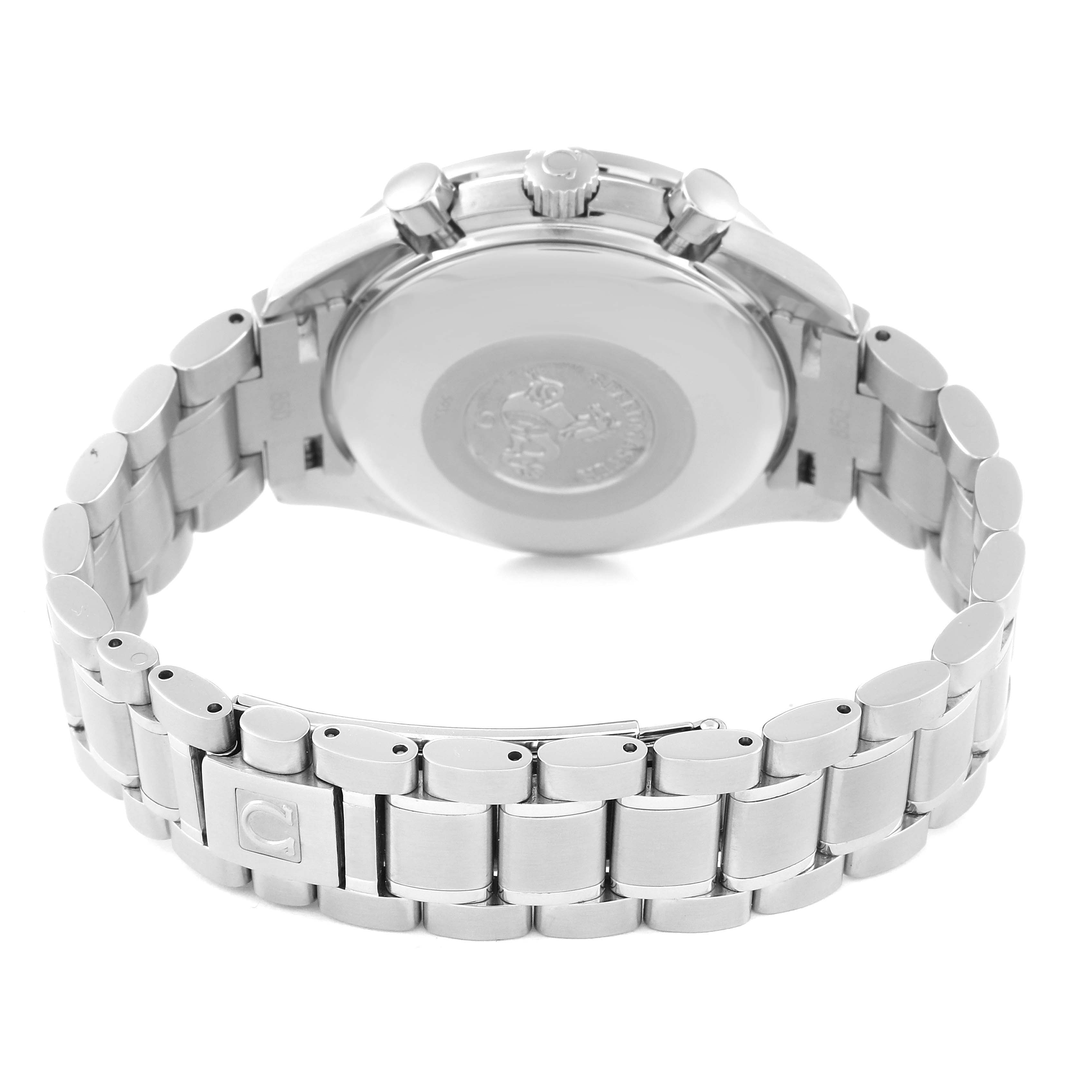 The image shows the back and bracelet of an Omega Speedmaster 3513.50.00 Men
s Stainless Steel Black Dial 3513.50.00 Men
s Stainless Steel Black Dial watch, focusing on its clasp and case back.