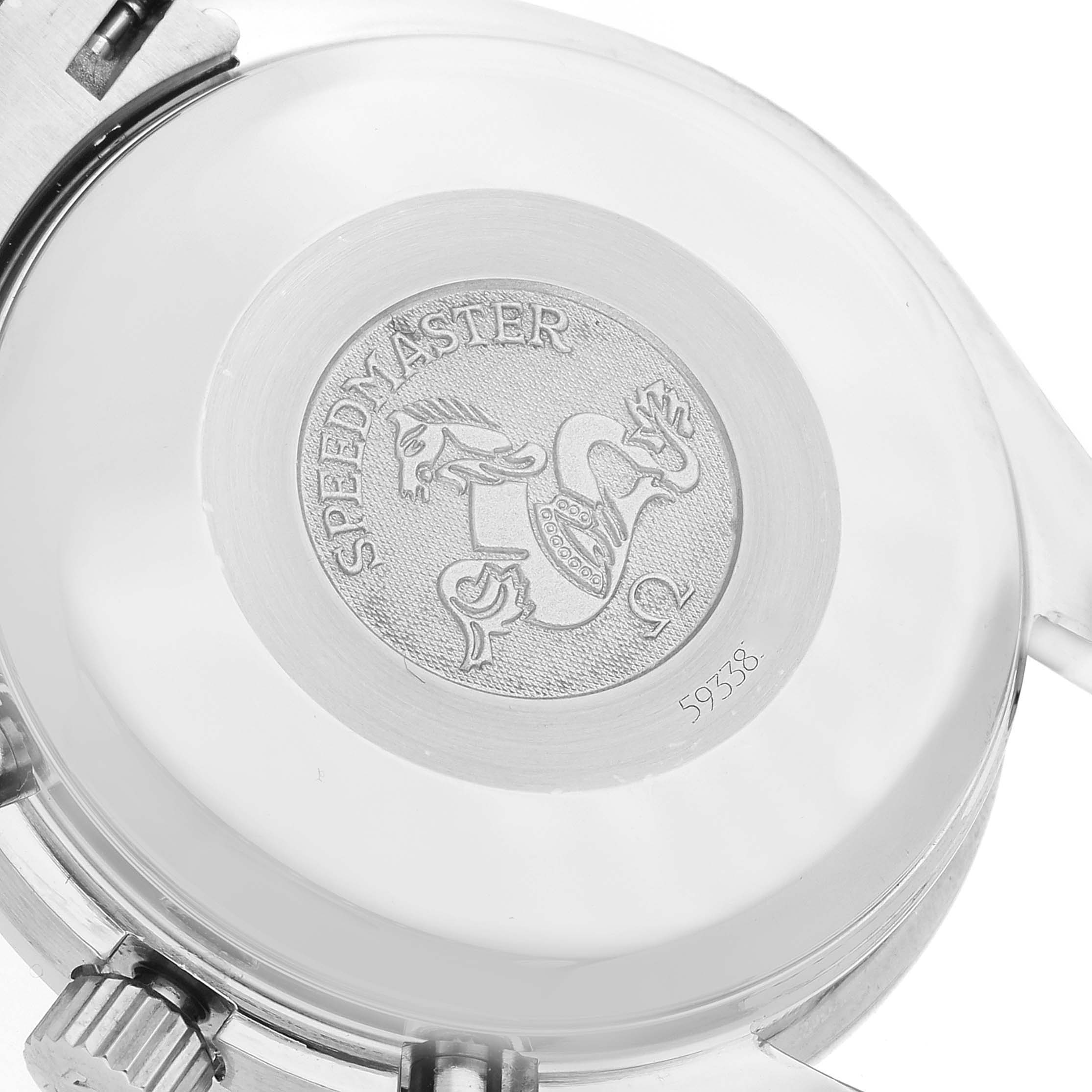 The image shows the case back of an Omega Speedmaster 3513.50.00 Men
s Stainless Steel Black Dial 3513.50.00 Men
s Stainless Steel Black Dial watch with its engraved logo and serial number.