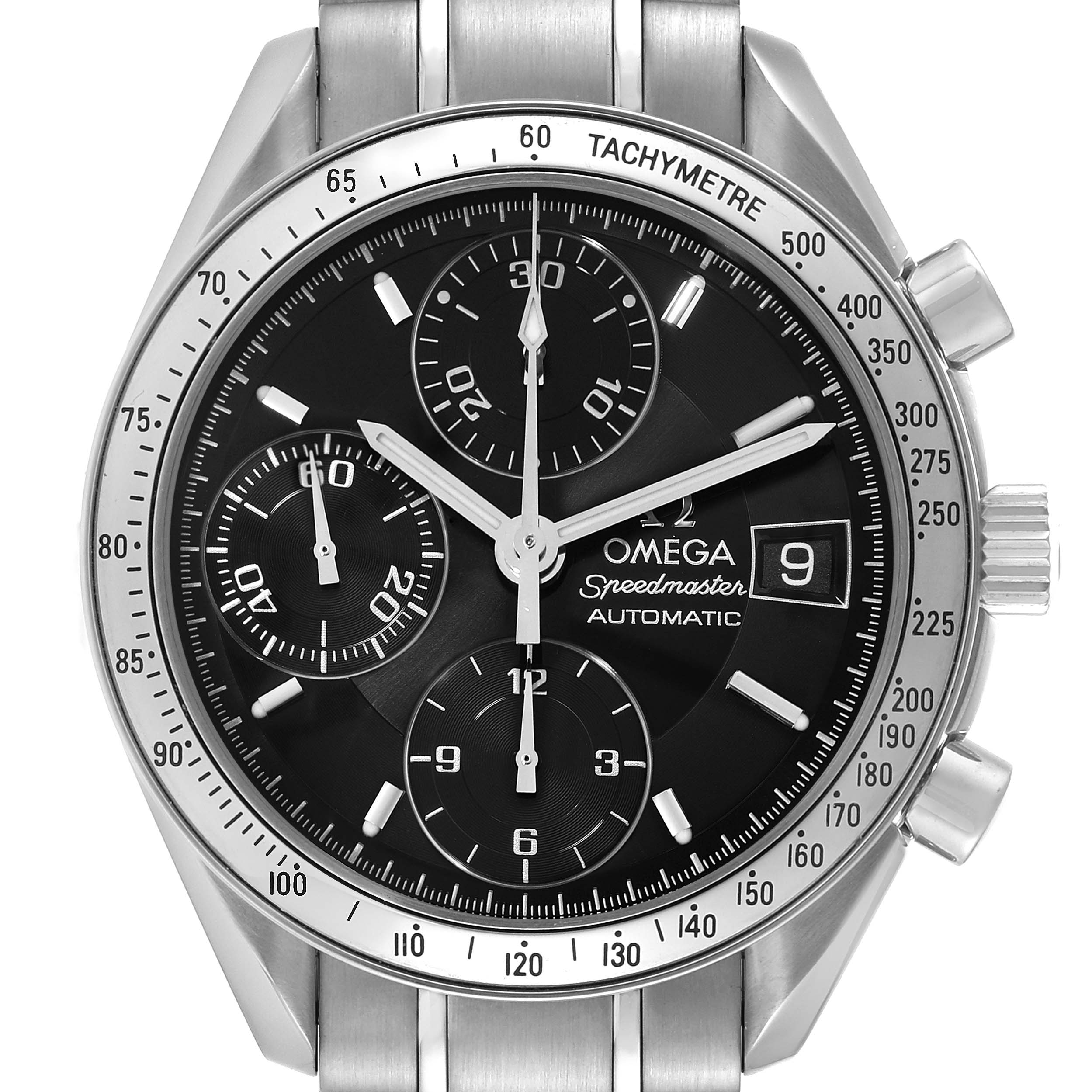 This Omega Speedmaster 3513.50.00 Men
s Stainless Steel Black Dial 3513.50.00 Men
s Stainless Steel Black Dial watch is shown from a top-down angle, highlighting the dial, chronograph subdials, tachymeter bezel, and bracelet.