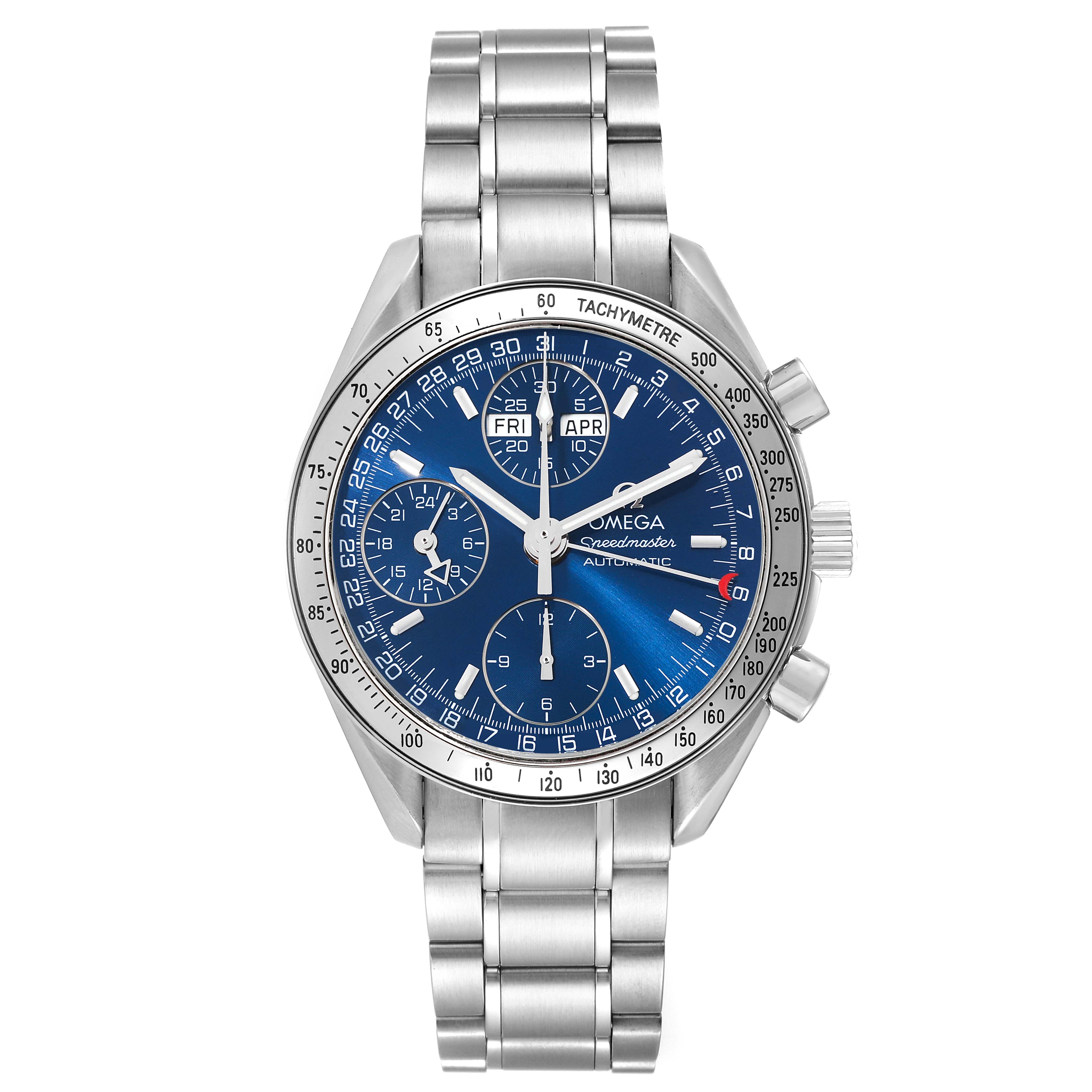 The image shows a front view of an Omega Speedmaster 3523.80.00 Men
s Stainless Steel Blue Dial 3523.80.00 Men
s Stainless Steel Blue Dial watch, depicting its blue dial, subdials, tachymeter bezel, and stainless steel bracelet.