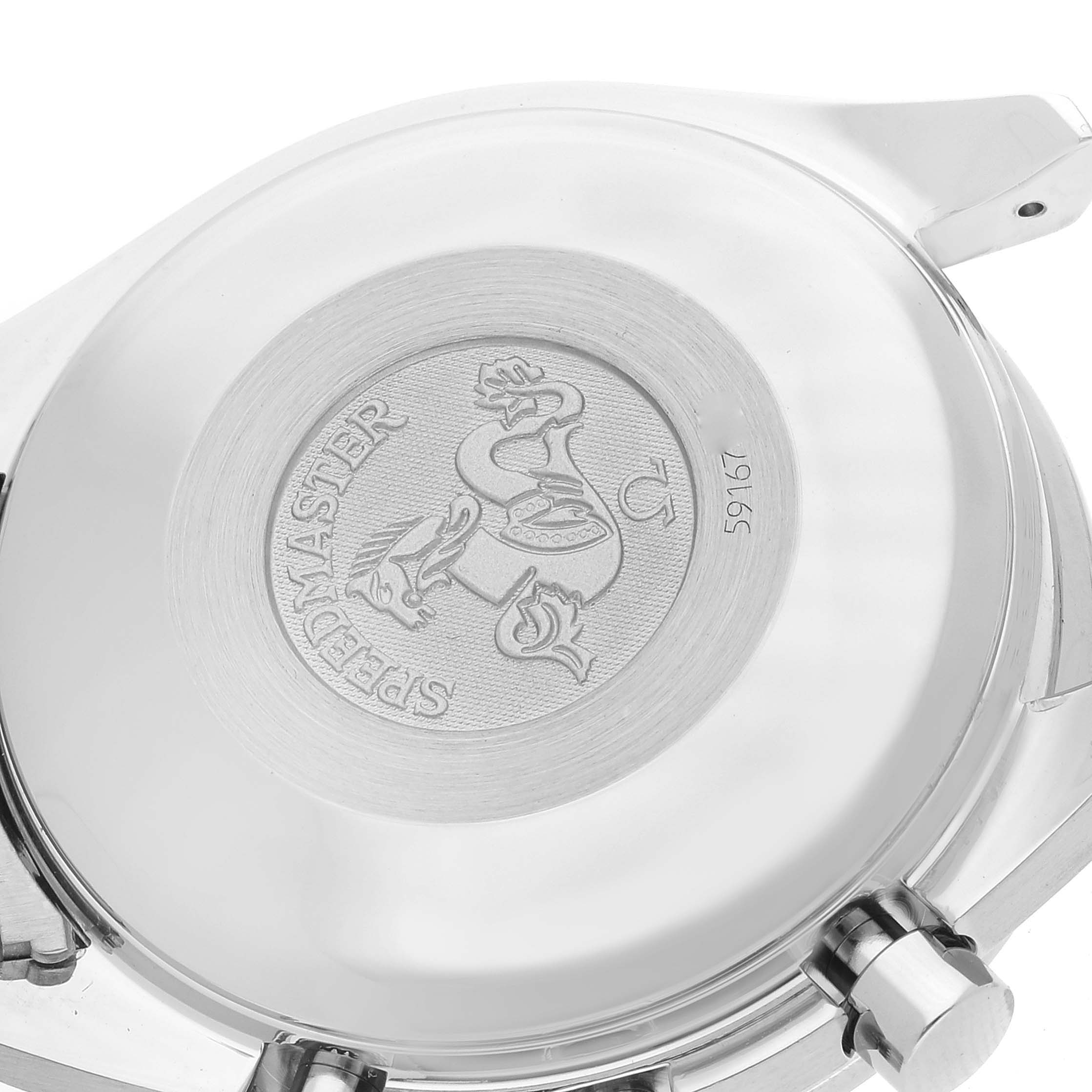 The image shows the case back of an Omega Speedmaster 3523.80.00 Men
s Stainless Steel Blue Dial 3523.80.00 Men
s Stainless Steel Blue Dial watch, featuring its engraved logo and serial number.