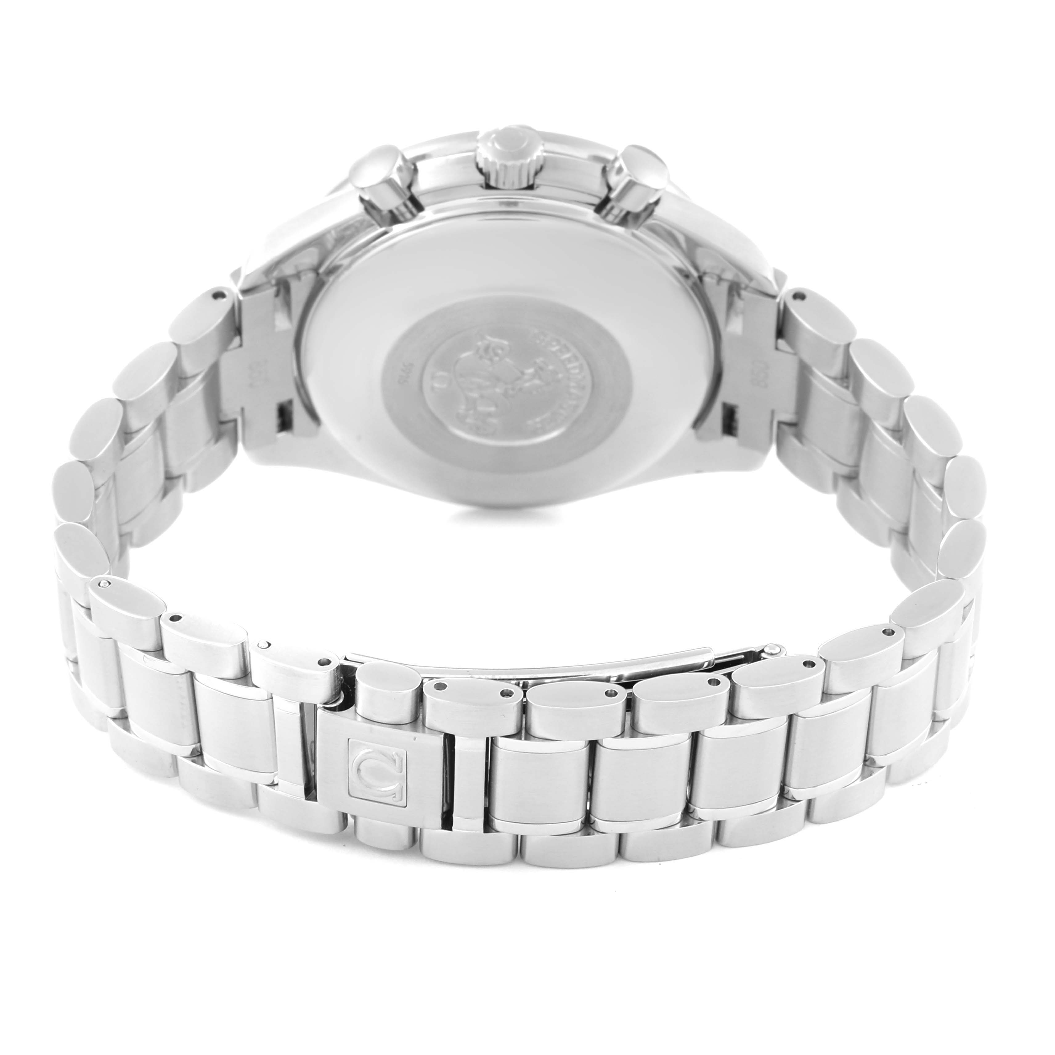 This image shows the back view of an Omega Speedmaster 3523.80.00 Men
s Stainless Steel Blue Dial 3523.80.00 Men
s Stainless Steel Blue Dial watch, highlighting its stainless steel bracelet and clasp.