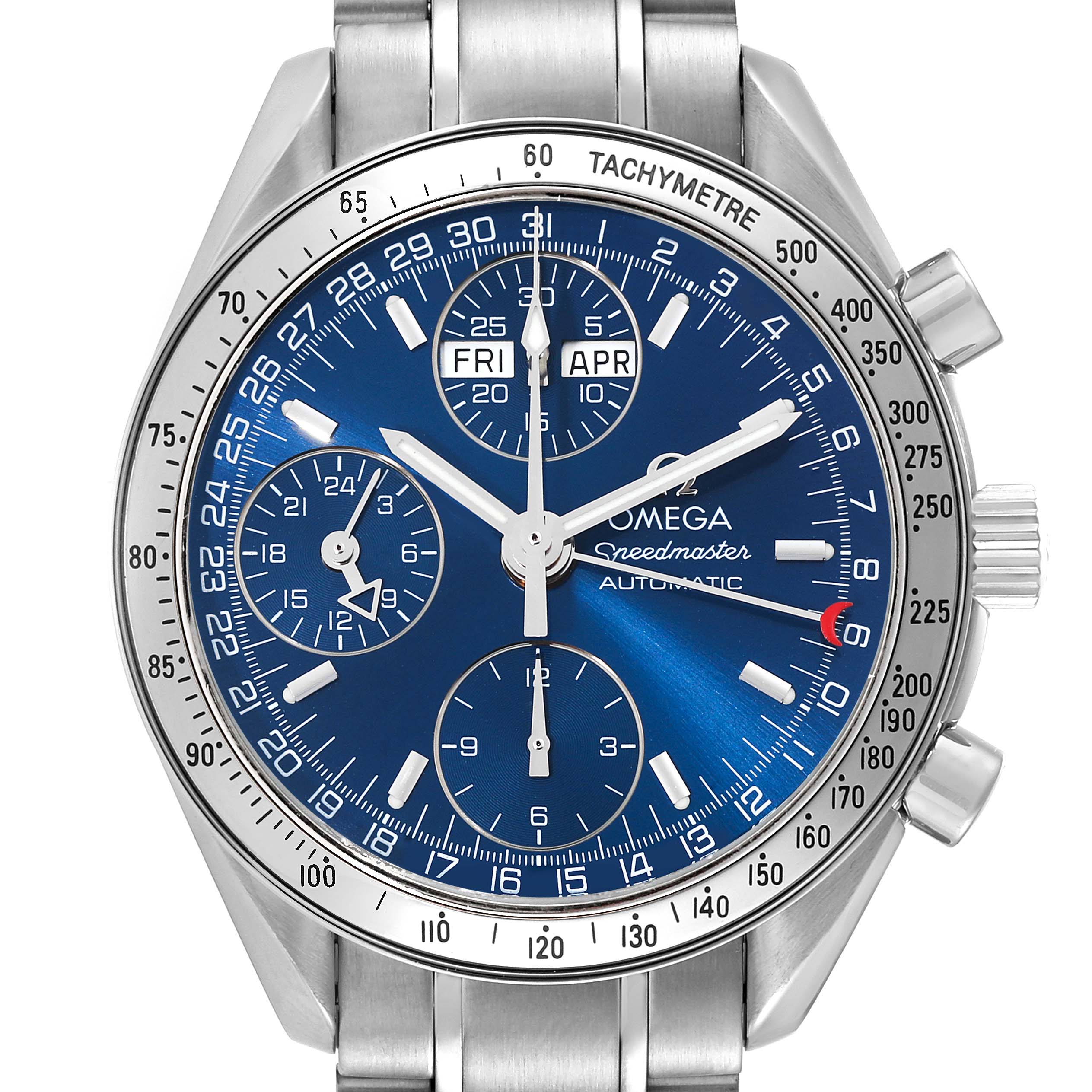 This image shows a front view of the Omega Speedmaster 3523.80.00 Men
s Stainless Steel Blue Dial 3523.80.00 Men
s Stainless Steel Blue Dial watch, highlighting its blue dial, sub-dials, tachymetre bezel, and metal bracelet.