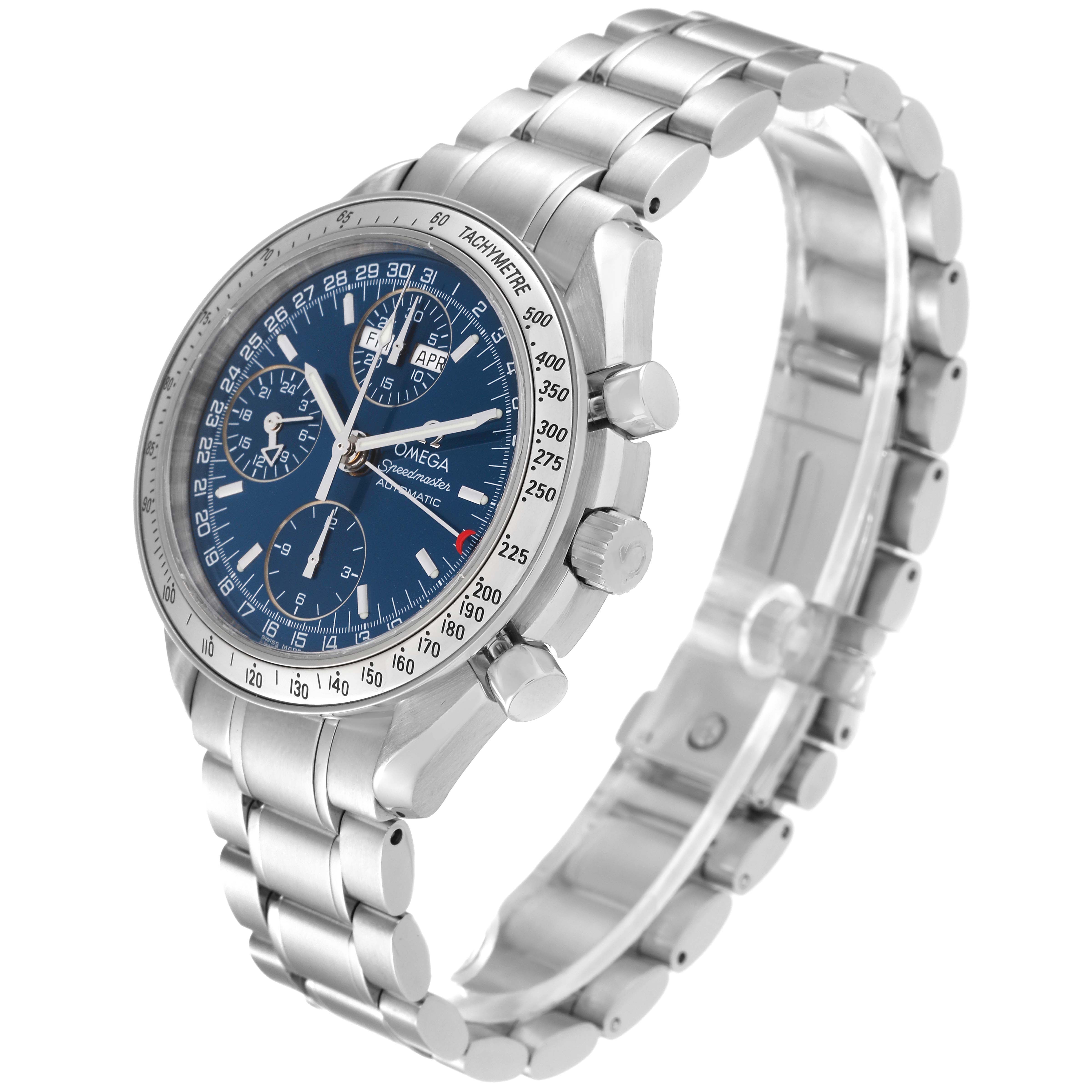 The Omega Speedmaster 3523.80.00 Men
s Stainless Steel Blue Dial 3523.80.00 Men
s Stainless Steel Blue Dial watch is shown at a slight angle from the front, highlighting its face and metal bracelet.