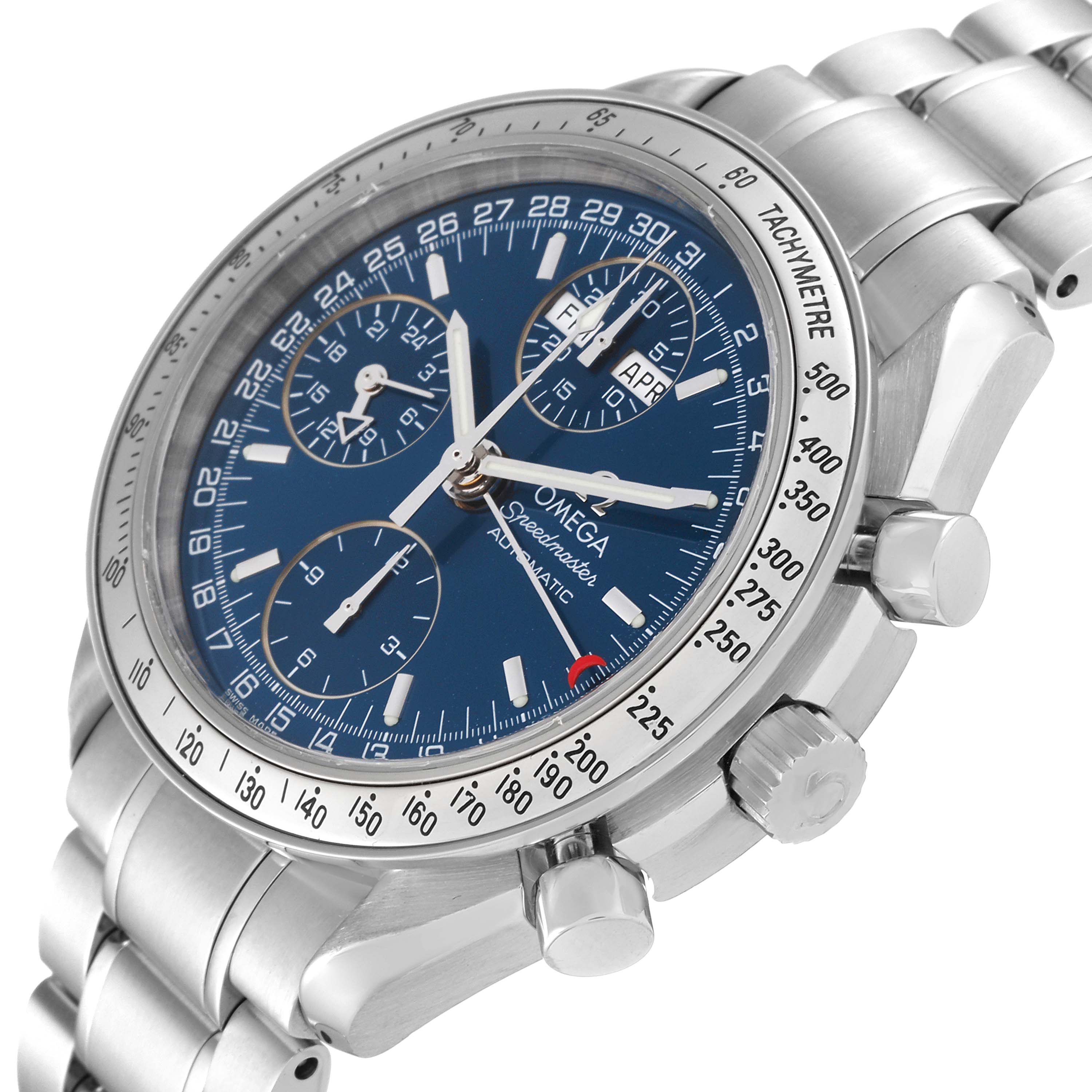 The image displays the Omega Speedmaster 3523.80.00 Men
s Stainless Steel Blue Dial 3523.80.00 Men
s Stainless Steel Blue Dial watch at an oblique angle, highlighting its dial, bezel, bracelet, and side controls.