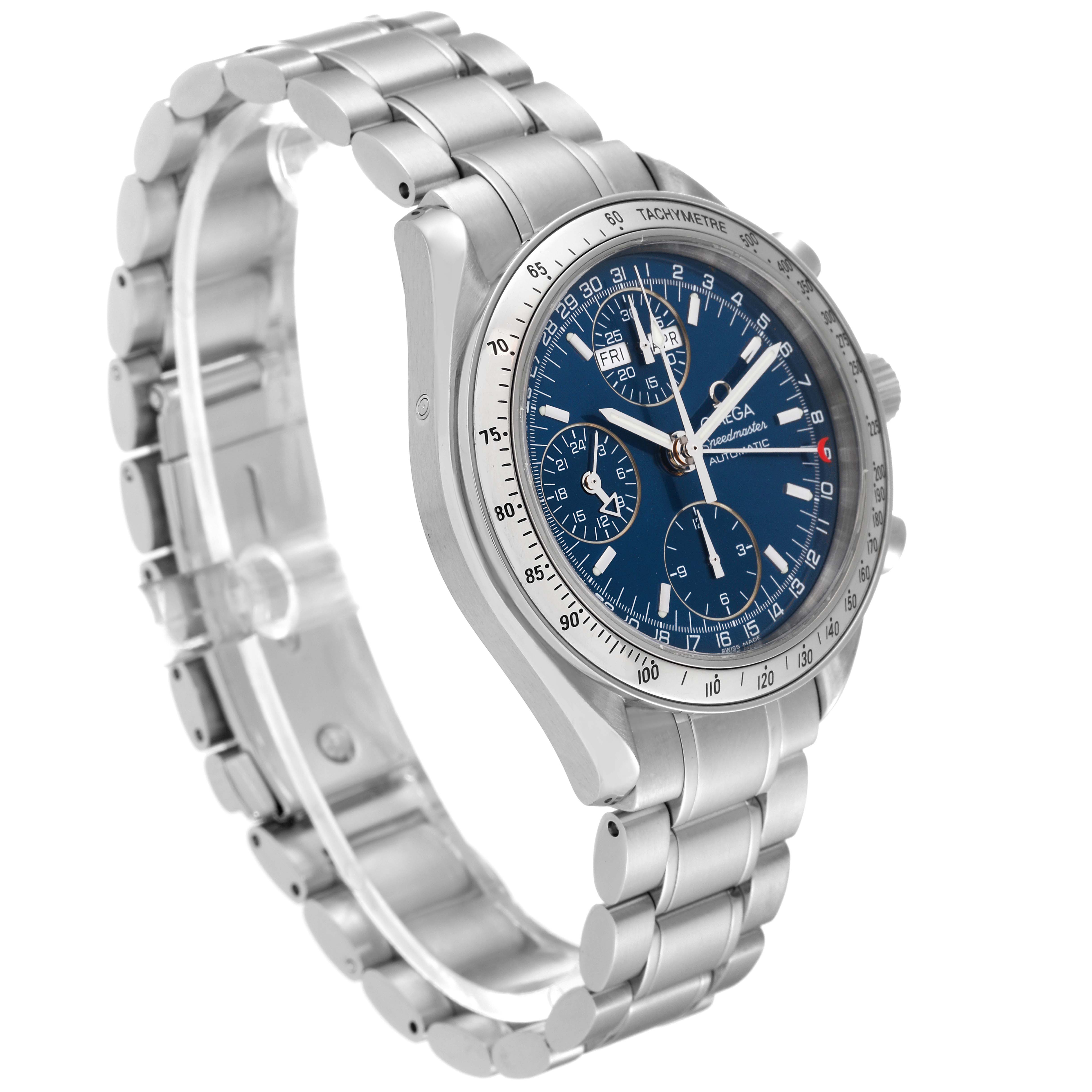 The image shows a side angle of the Omega Speedmaster 3523.80.00 Men
s Stainless Steel Blue Dial 3523.80.00 Men
s Stainless Steel Blue Dial watch highlighting the face, bezel, and metal bracelet.