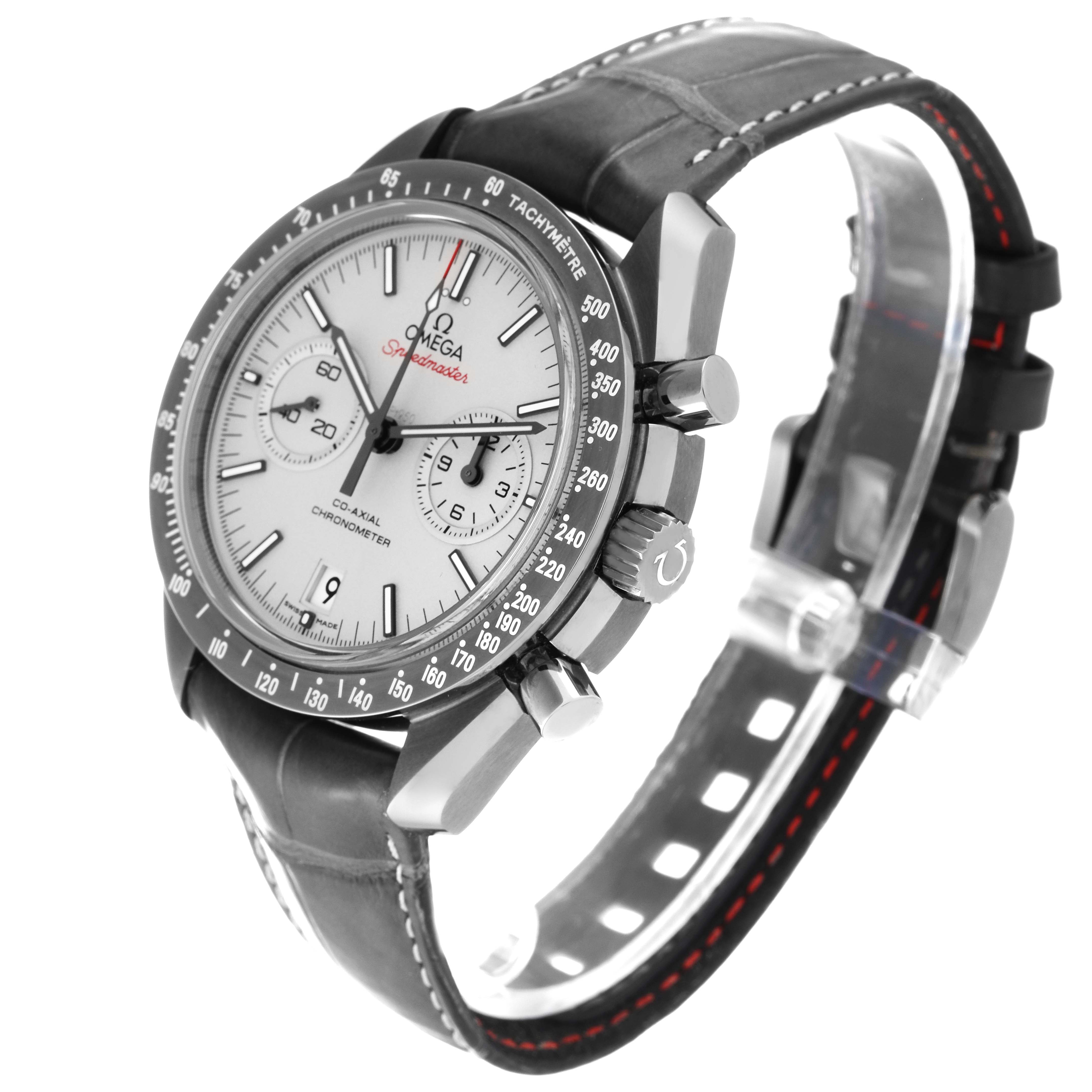 The Omega Speedmaster 311.93.44.51.99.001 Men's Ceramic Silver Dial 311.93.44.51.99.001 Men's Ceramic Silver Dial watch is shown from an angled side view, displaying the dial, bezel, crown, pushers, and leather strap.