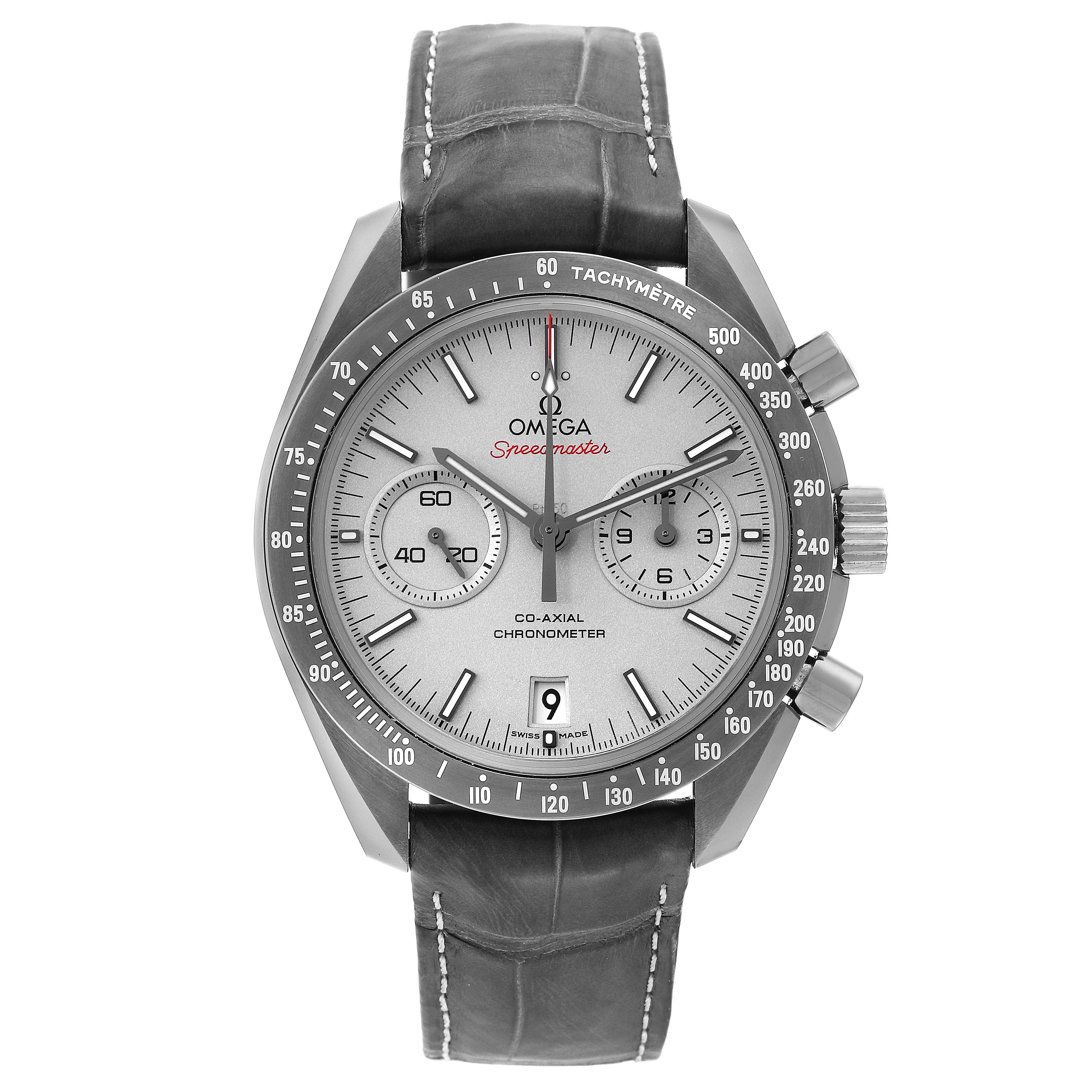 The image shows a front view of an Omega Speedmaster 311.93.44.51.99.001 Men's Ceramic Silver Dial 311.93.44.51.99.001 Men's Ceramic Silver Dial watch featuring its dial, tachymeter bezel, and leather strap.