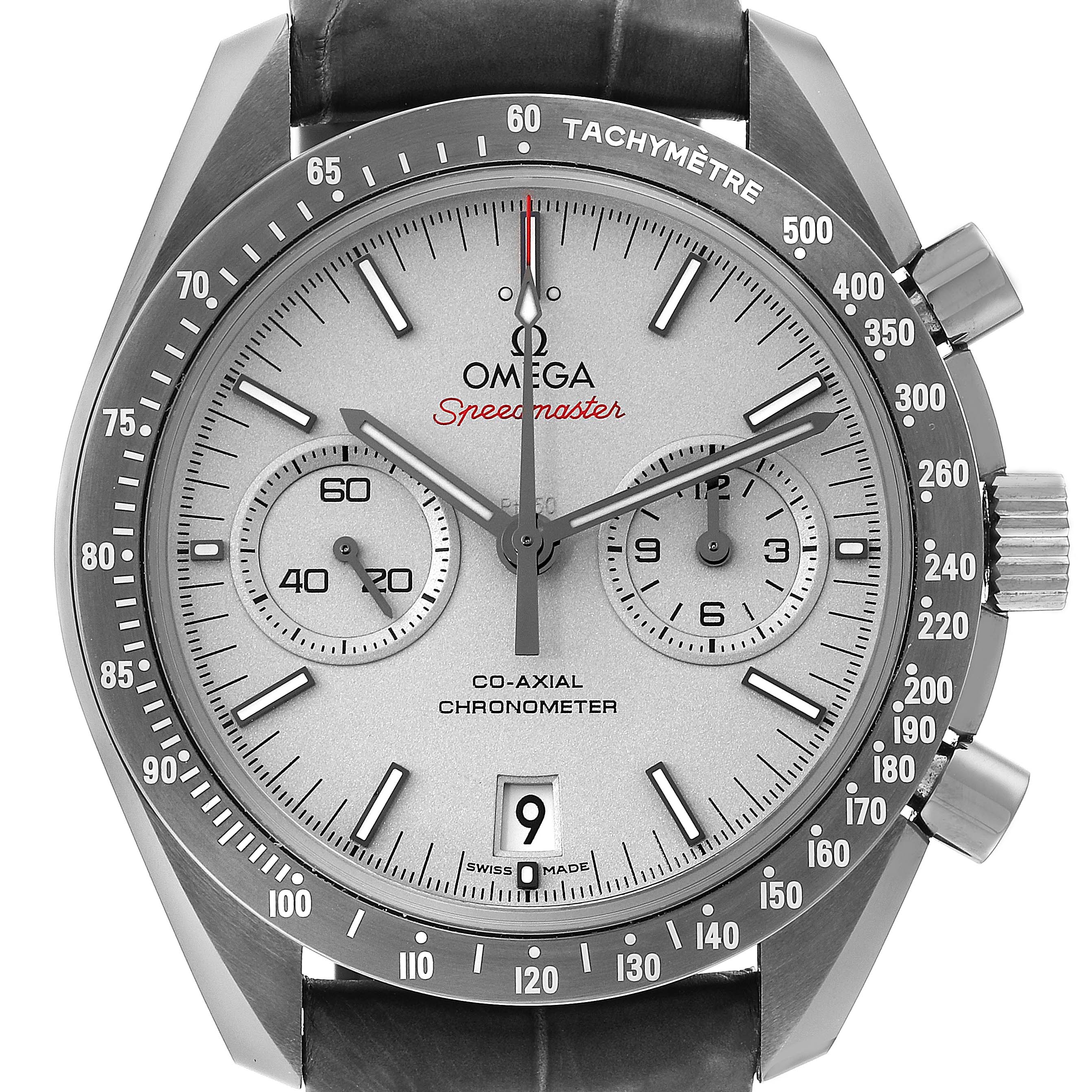 The Omega Speedmaster 311.93.44.51.99.001 Men's Ceramic Silver Dial 311.93.44.51.99.001 Men's Ceramic Silver Dial watch is shown from a frontal angle, displaying the dial, subdials, tachymeter, crown, and pushers.
