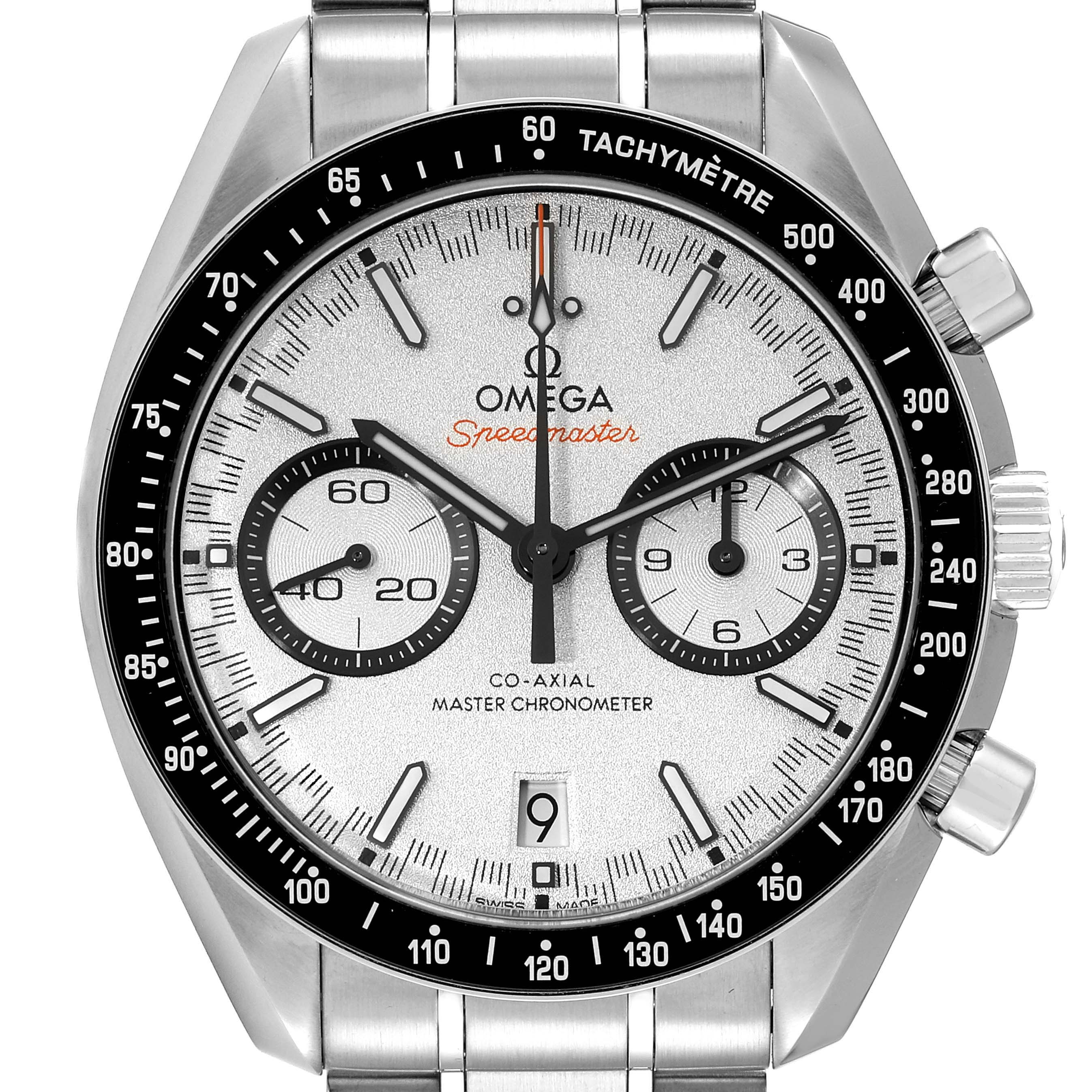 This image shows a front view of an Omega Speedmaster 329.30.44.51.04.001 Men
s Stainless Steel White Dial 329.30.44.51.04.001 Men
s Stainless Steel White Dial watch, highlighting the dial, tachymeter, and pushers.