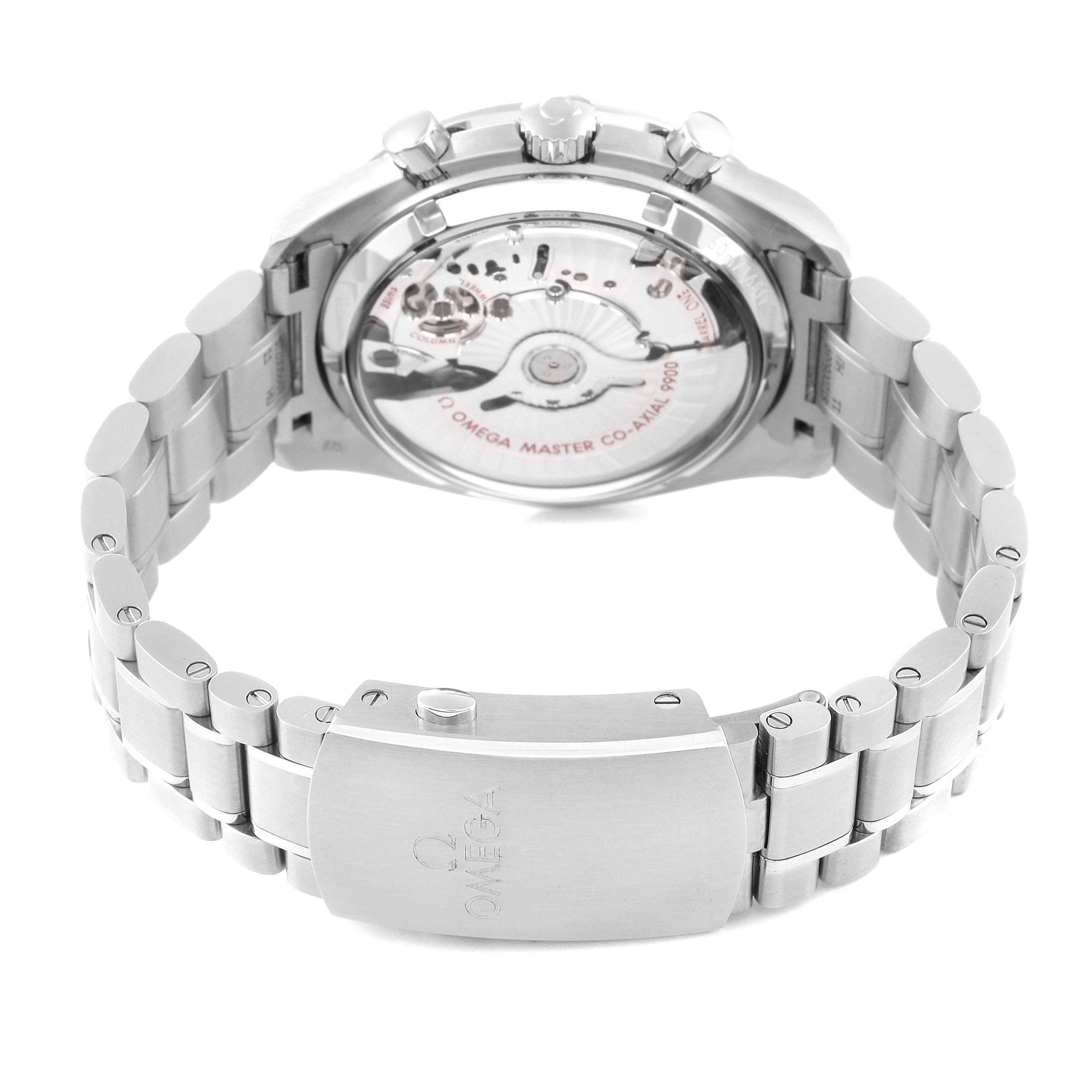 The image shows the Omega Speedmaster 329.30.44.51.04.001 Men
s Stainless Steel White Dial 329.30.44.51.04.001 Men
s Stainless Steel White Dial watch from the rear, highlighting its bracelet and transparent case back.