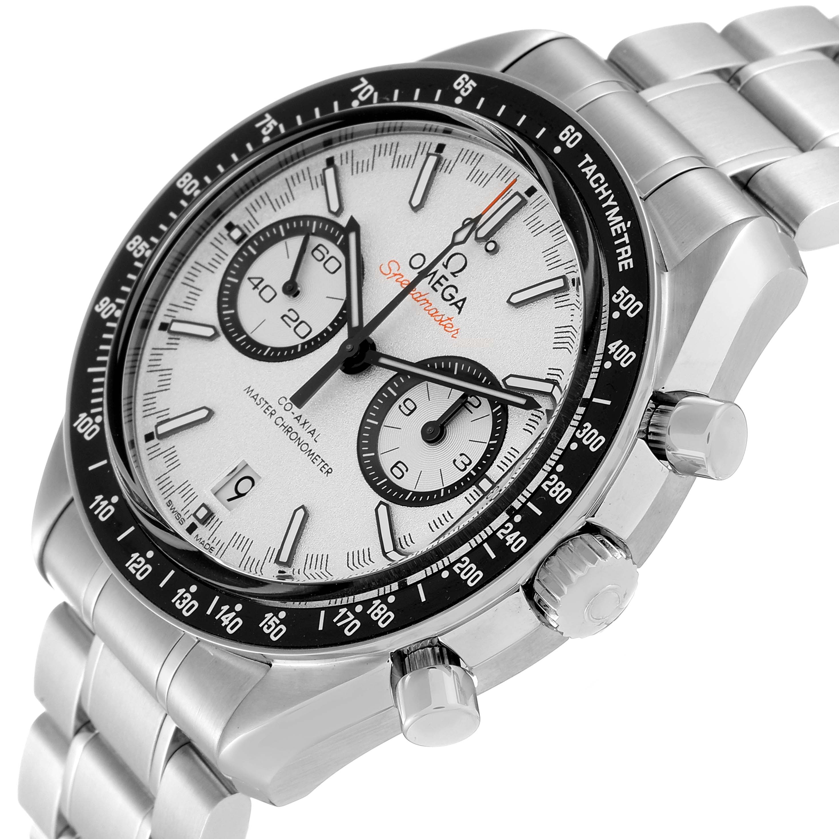 The Omega Speedmaster 329.30.44.51.04.001 Men
s Stainless Steel White Dial 329.30.44.51.04.001 Men
s Stainless Steel White Dial watch is shown at an angle displaying the front dial, tachymeter bezel, and stainless steel bracelet.