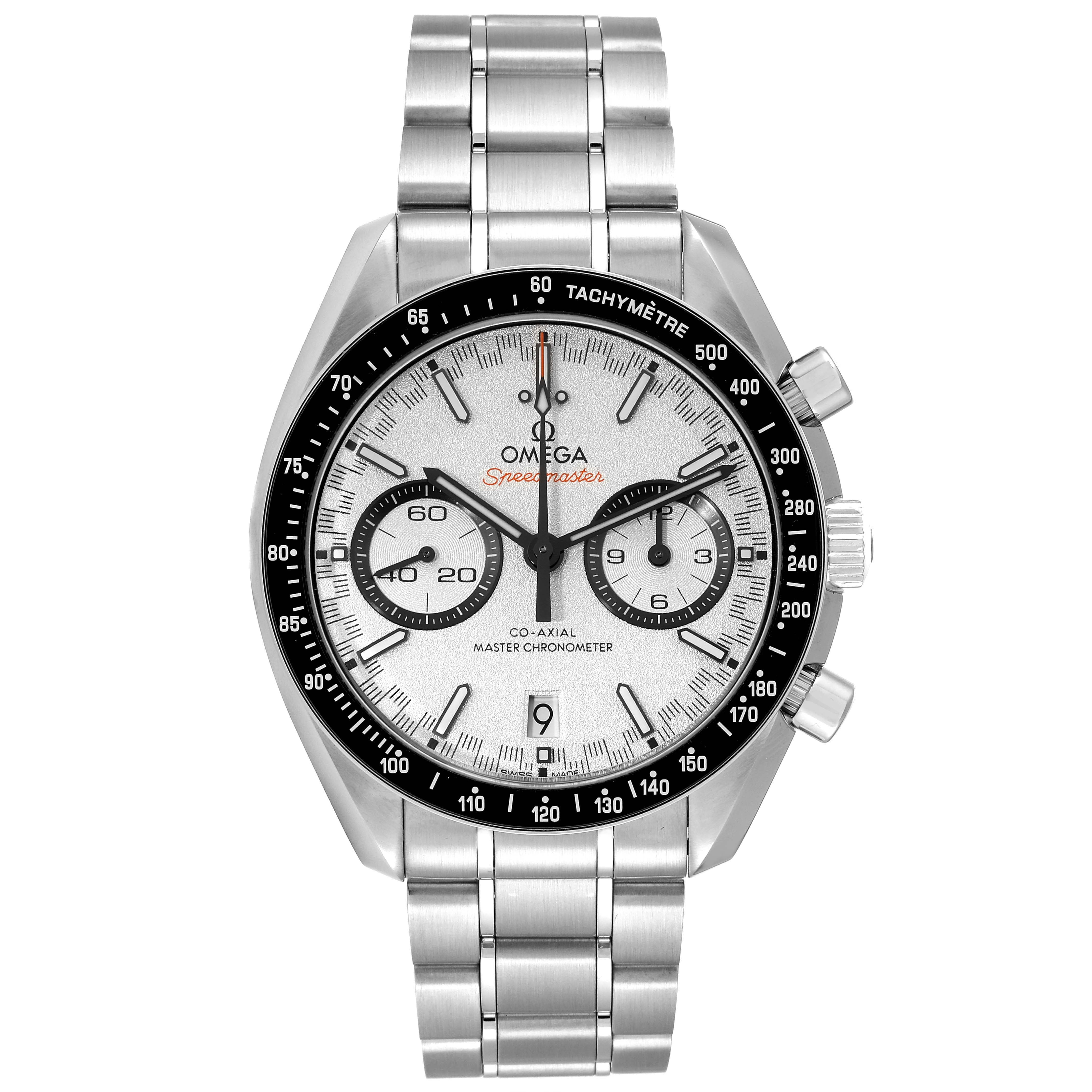 This image displays a front view of an Omega Speedmaster 329.30.44.51.04.001 Men
s Stainless Steel White Dial 329.30.44.51.04.001 Men
s Stainless Steel White Dial watch, showing its face, bezel, and metal bracelet.