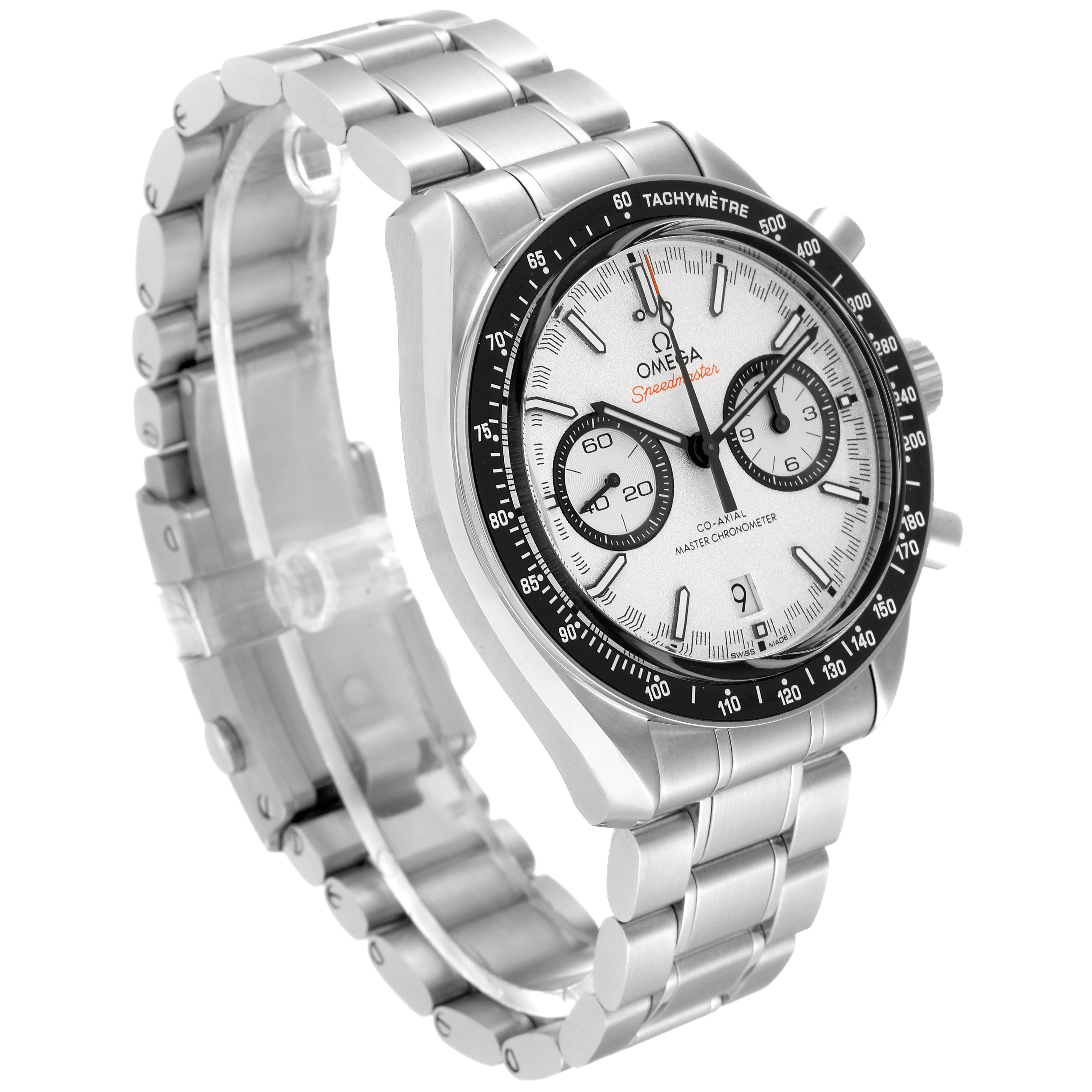 The image shows a side angle view of an Omega Speedmaster 329.30.44.51.04.001 Men
s Stainless Steel White Dial 329.30.44.51.04.001 Men
s Stainless Steel White Dial watch, highlighting the dial, bezel, and stainless-steel bracelet.