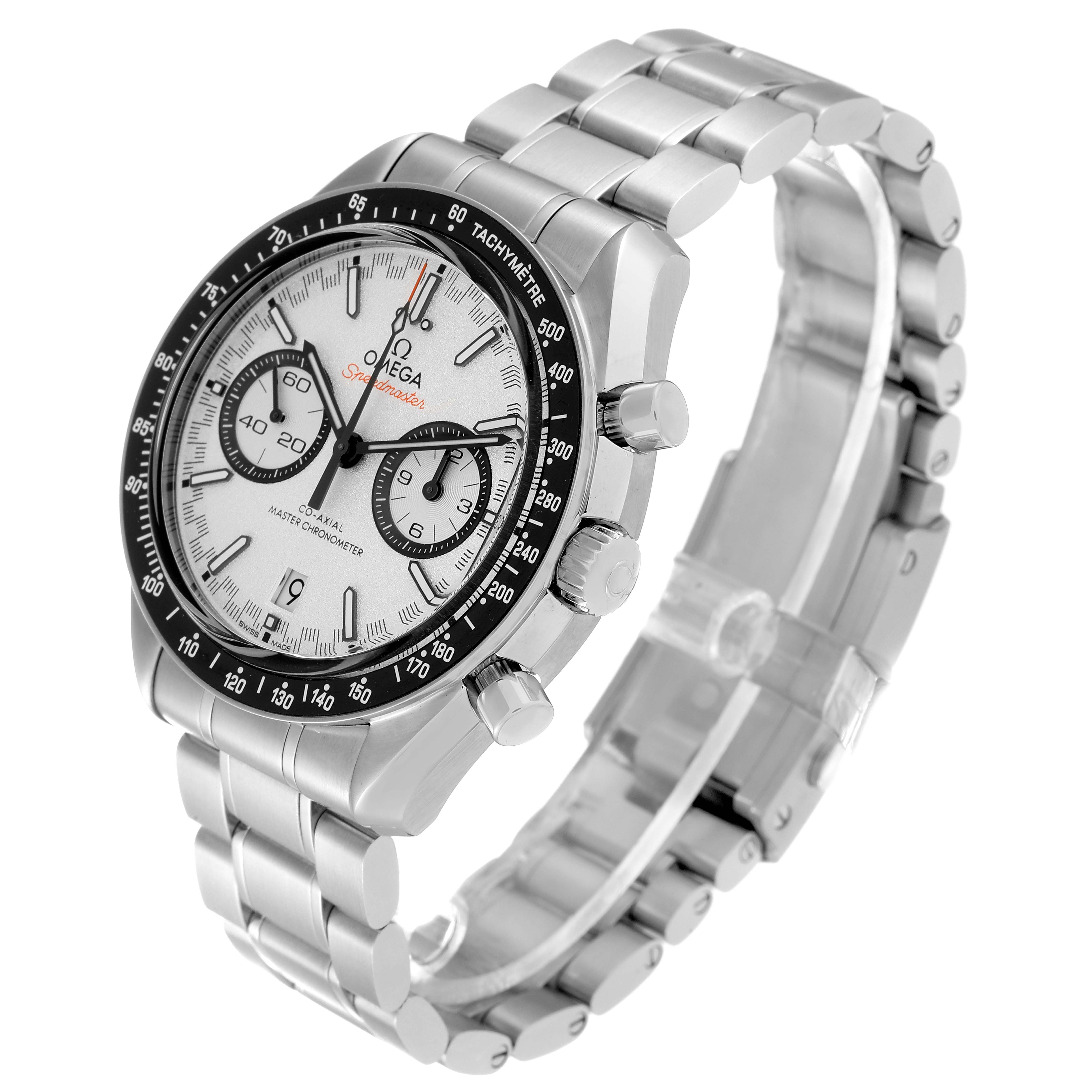 The image shows a three-quarters angled view of an Omega Speedmaster 329.30.44.51.04.001 Men
s Stainless Steel White Dial 329.30.44.51.04.001 Men
s Stainless Steel White Dial watch, highlighting its face, bezel, crown, and bracelet.