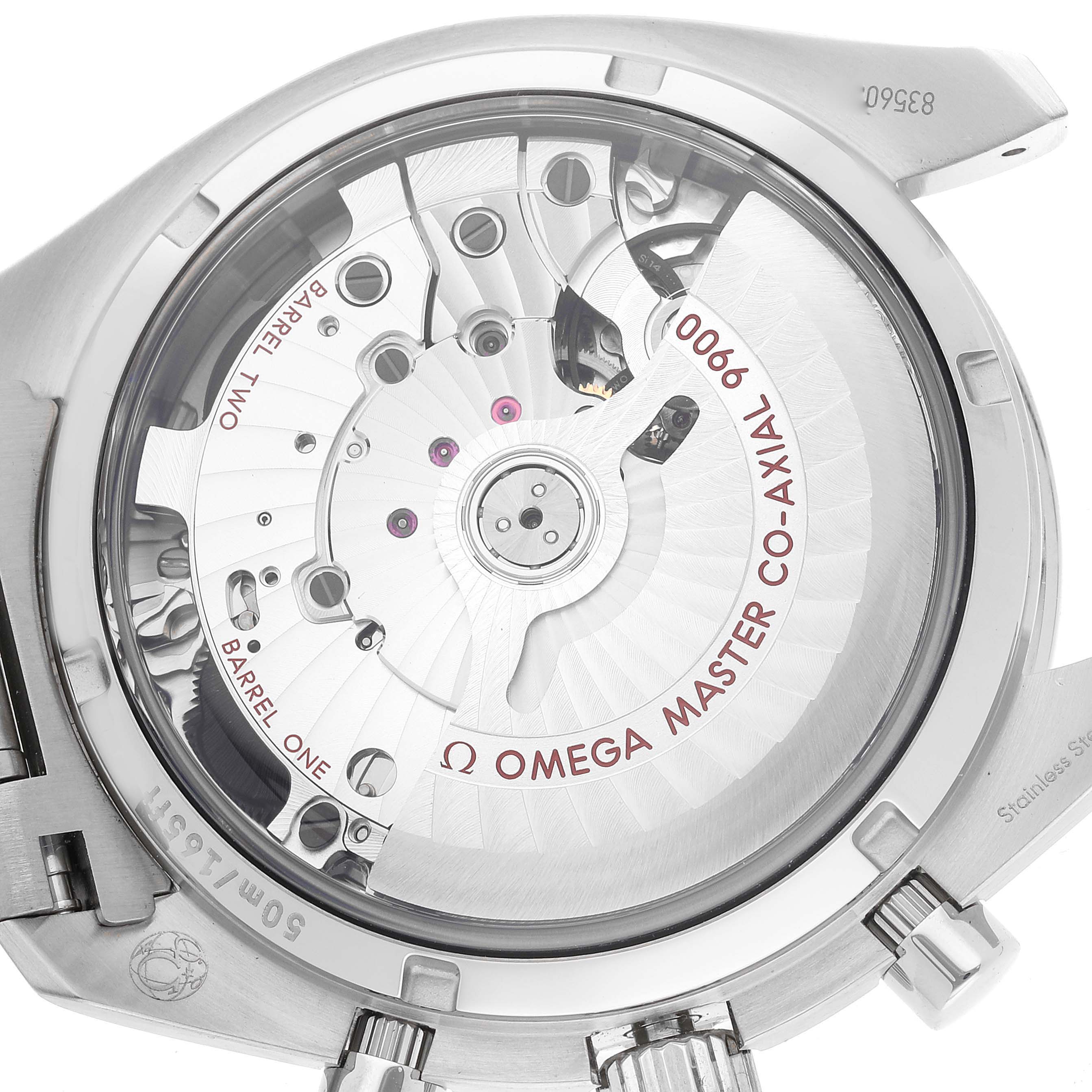 The image shows the back case of an Omega Speedmaster 329.30.44.51.04.001 Men
s Stainless Steel White Dial 329.30.44.51.04.001 Men
s Stainless Steel White Dial watch, highlighting the inner mechanical components and engravings.