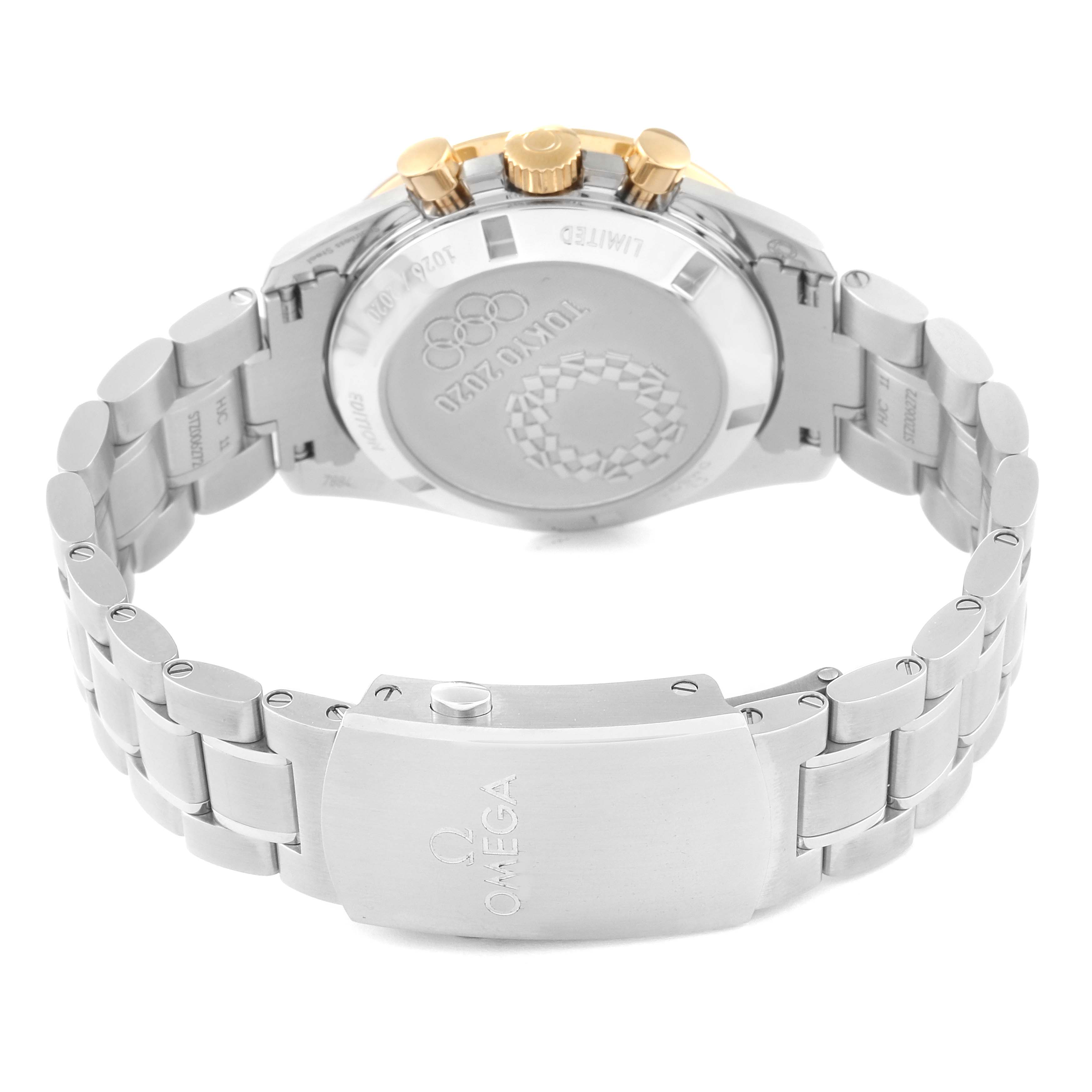 This image shows the back view of an Omega Speedmaster 522.20.42.30.01.001 Men's Steel and Gold (two tone) Black Dial 522.20.42.30.01.001 Men's Steel and Gold (two tone) Black Dial watch, highlighting its clasp, bracelet, and case back.