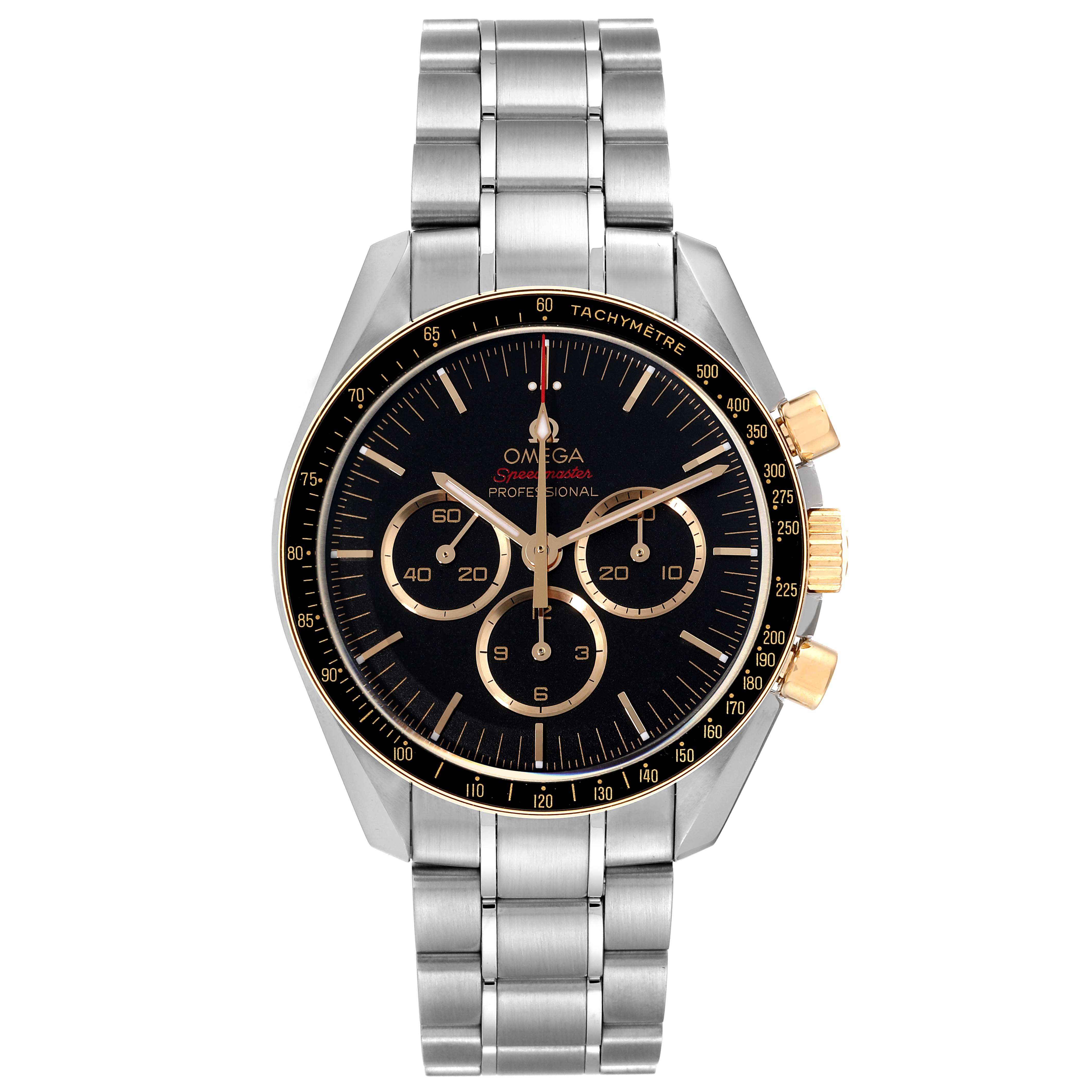 This Omega Speedmaster 522.20.42.30.01.001 Men's Steel and Gold (two tone) Black Dial 522.20.42.30.01.001 Men's Steel and Gold (two tone) Black Dial watch is shown from a front angle, displaying its black dial, tachymeter bezel, and stainless steel bracelet.