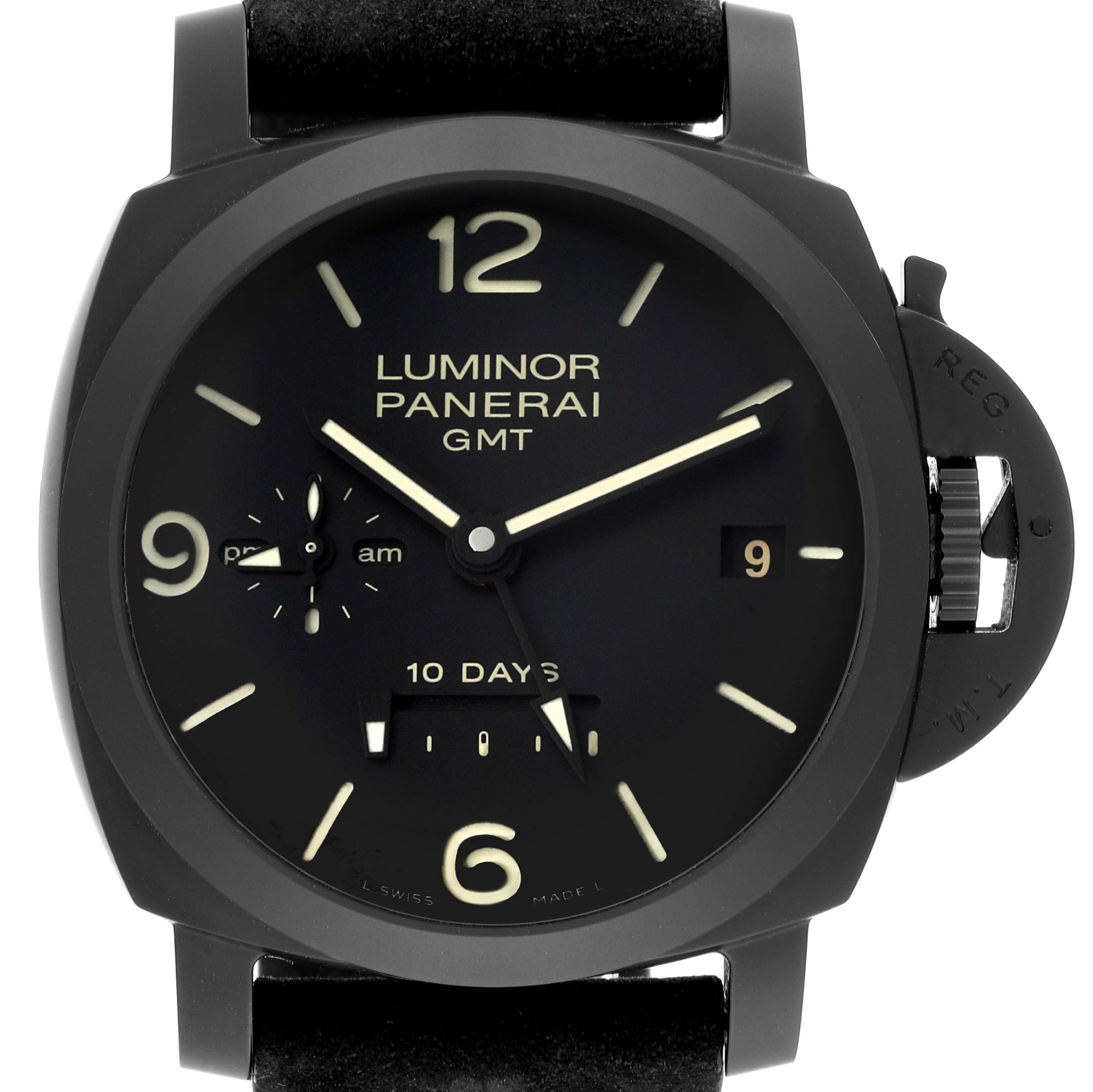The image shows a Panerai Luminor PAM00335 Men's Ceramic Black Dial PAM00335 Men's Ceramic Black Dial GMT watch from a top-front angle, highlighting its face, dial, and crown guard.