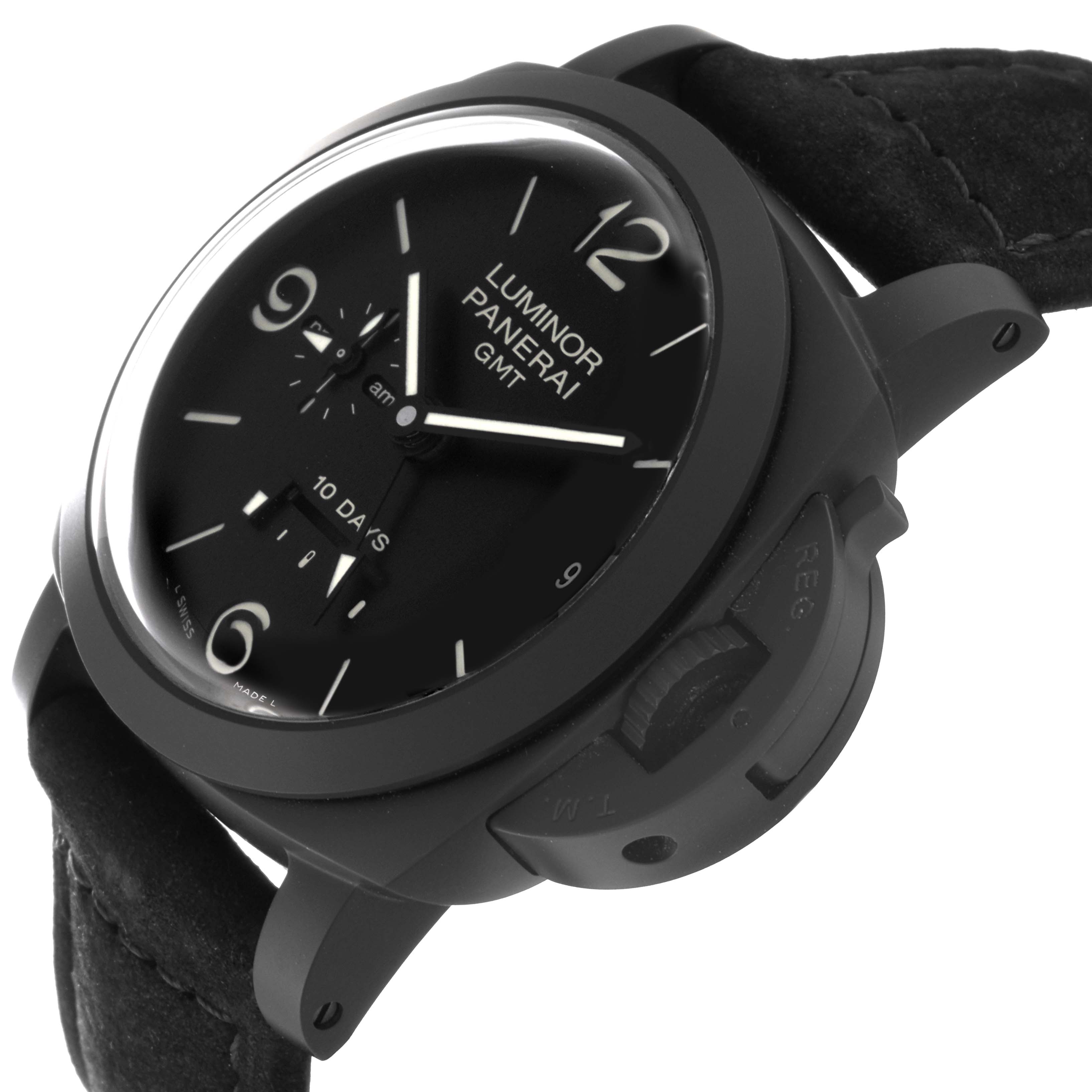 The image shows a close-up angled view of the Panerai Luminor PAM00335 Men's Ceramic Black Dial PAM00335 Men's Ceramic Black Dial watch, highlighting its face, bezel, and part of the strap.