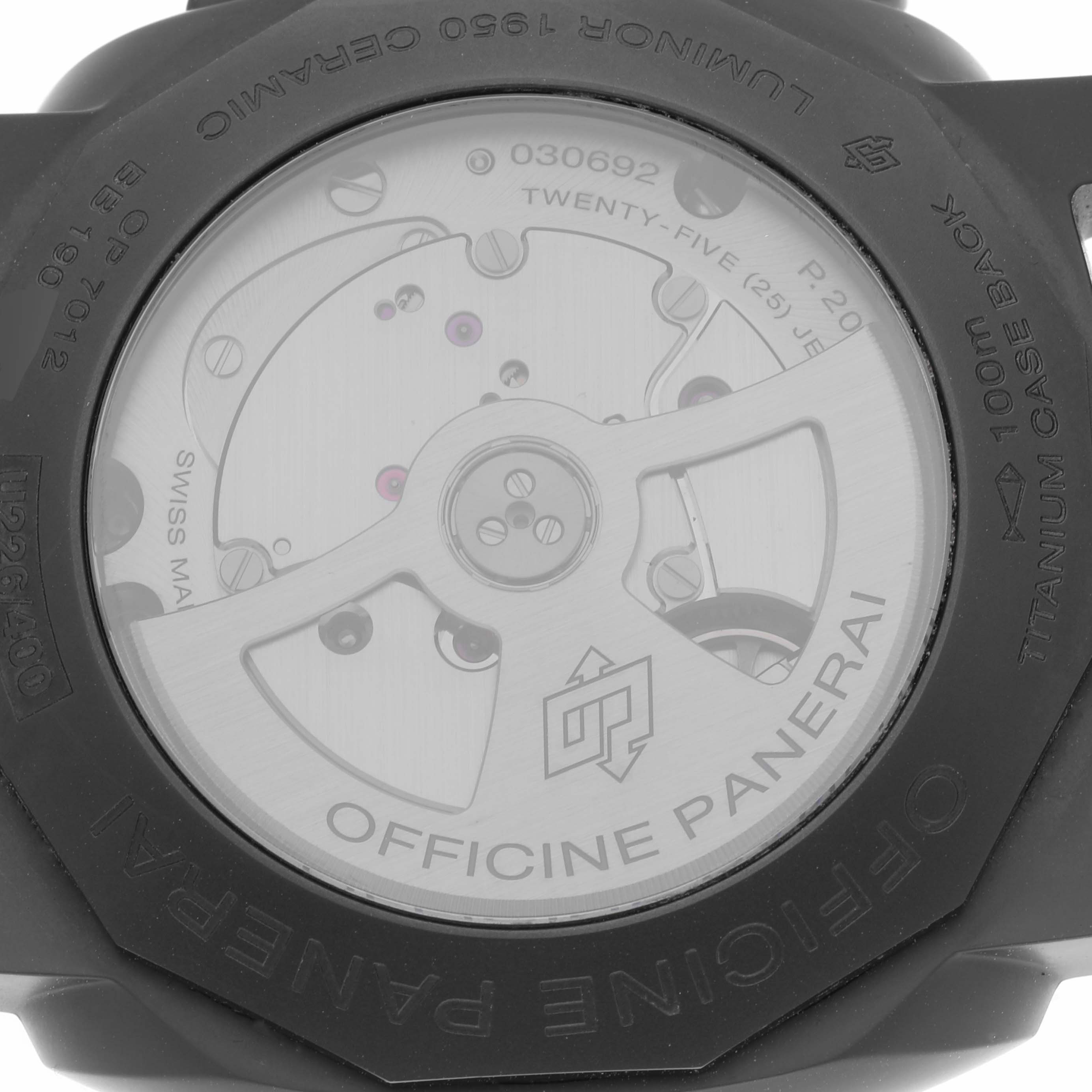 The image shows the backside of the Panerai Luminor PAM00335 Men's Ceramic Black Dial PAM00335 Men's Ceramic Black Dial watch, highlighting its internal mechanisms and branding.