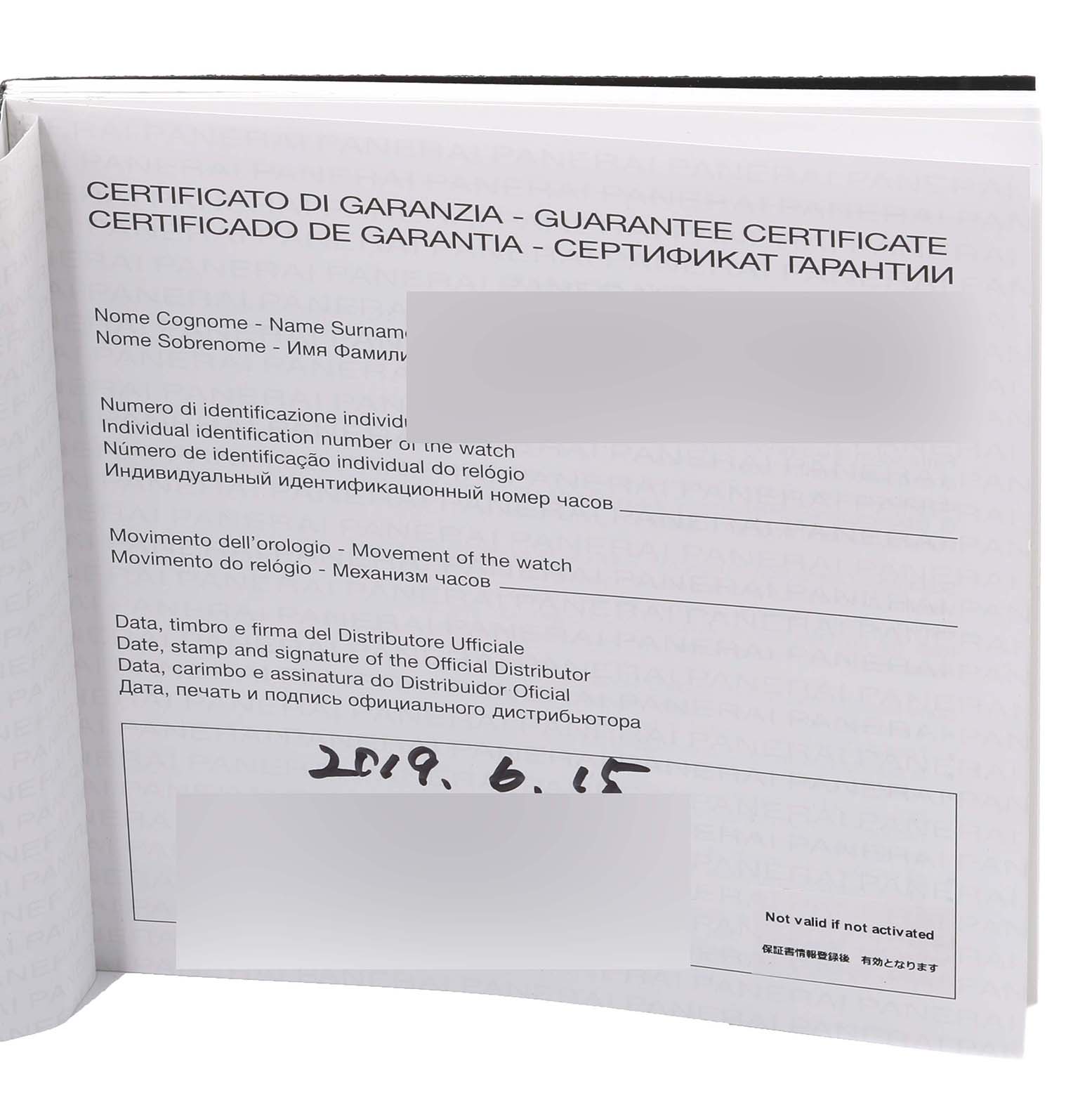 The image shows a Panerai Luminor PAM00335 Men's Ceramic Black Dial PAM00335 Men's Ceramic Black Dial watch guarantee certificate with multilingual text and a signature section.