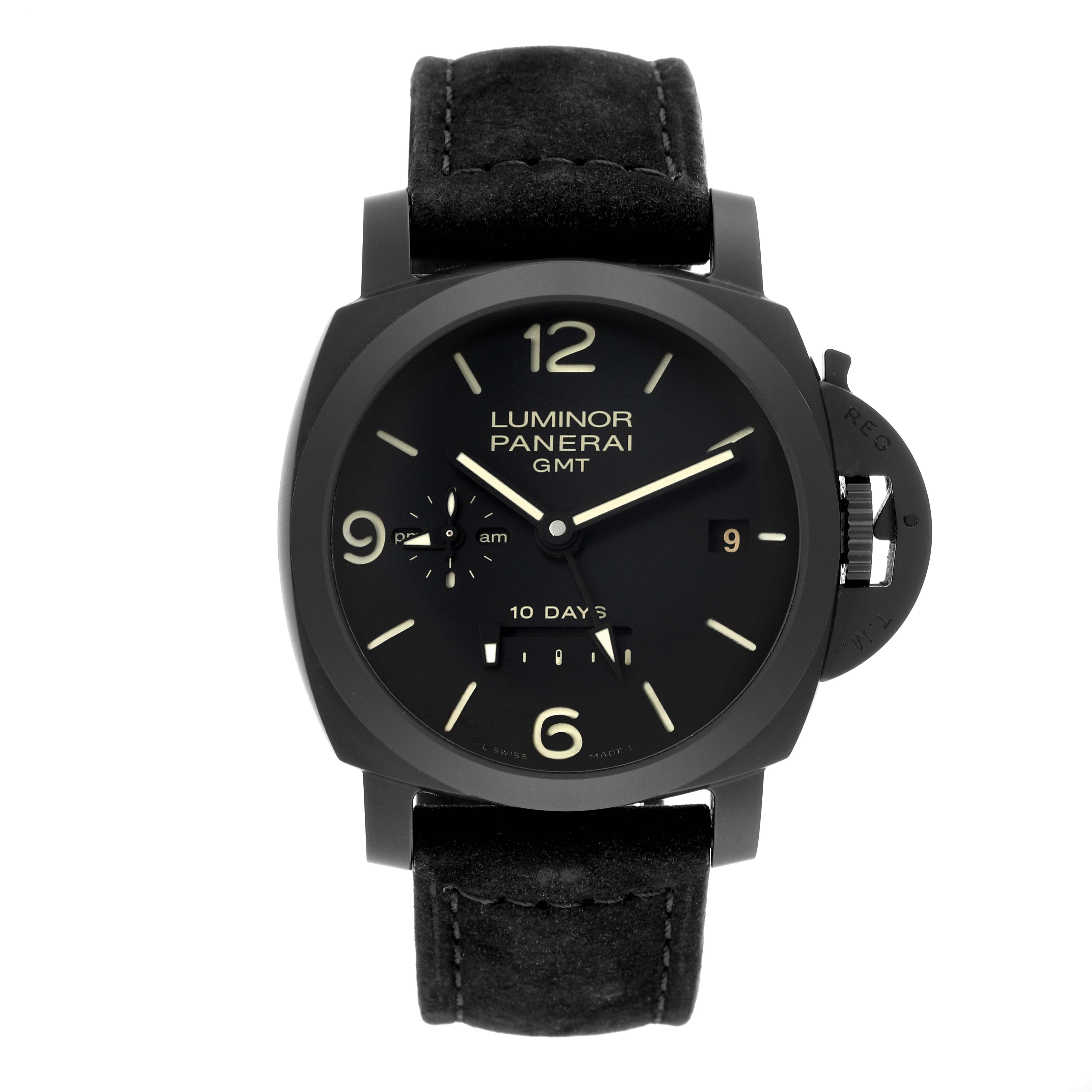 The Panerai Luminor PAM00335 Men's Ceramic Black Dial PAM00335 Men's Ceramic Black Dial watch is shown from a front angle, highlighting its dial, hands, and strap.