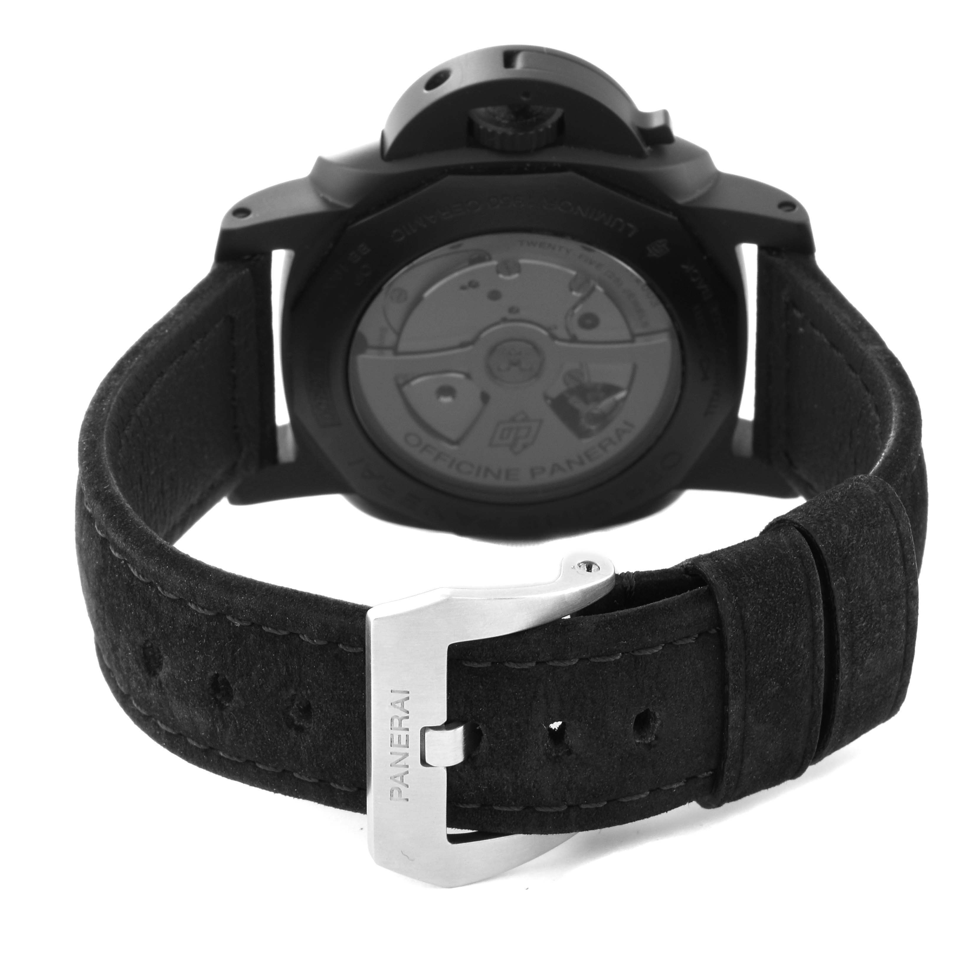 The image shows the back view of a Panerai Luminor PAM00335 Men's Ceramic Black Dial PAM00335 Men's Ceramic Black Dial watch, featuring its case back and leather strap with a buckle.