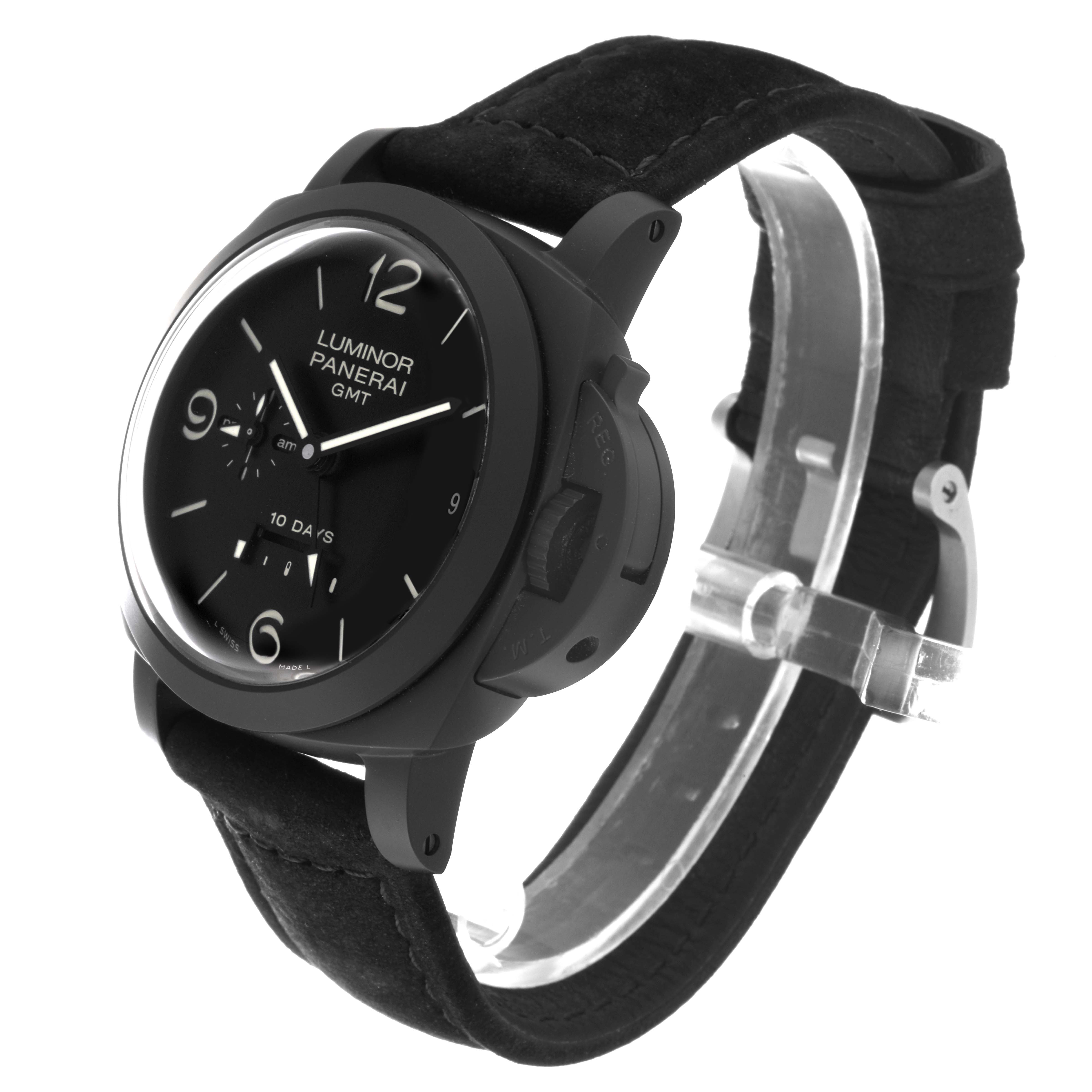 The image shows a Panerai Luminor PAM00335 Men's Ceramic Black Dial PAM00335 Men's Ceramic Black Dial watch at a three-quarter angle, highlighting the case, crown guard, dial, and strap.