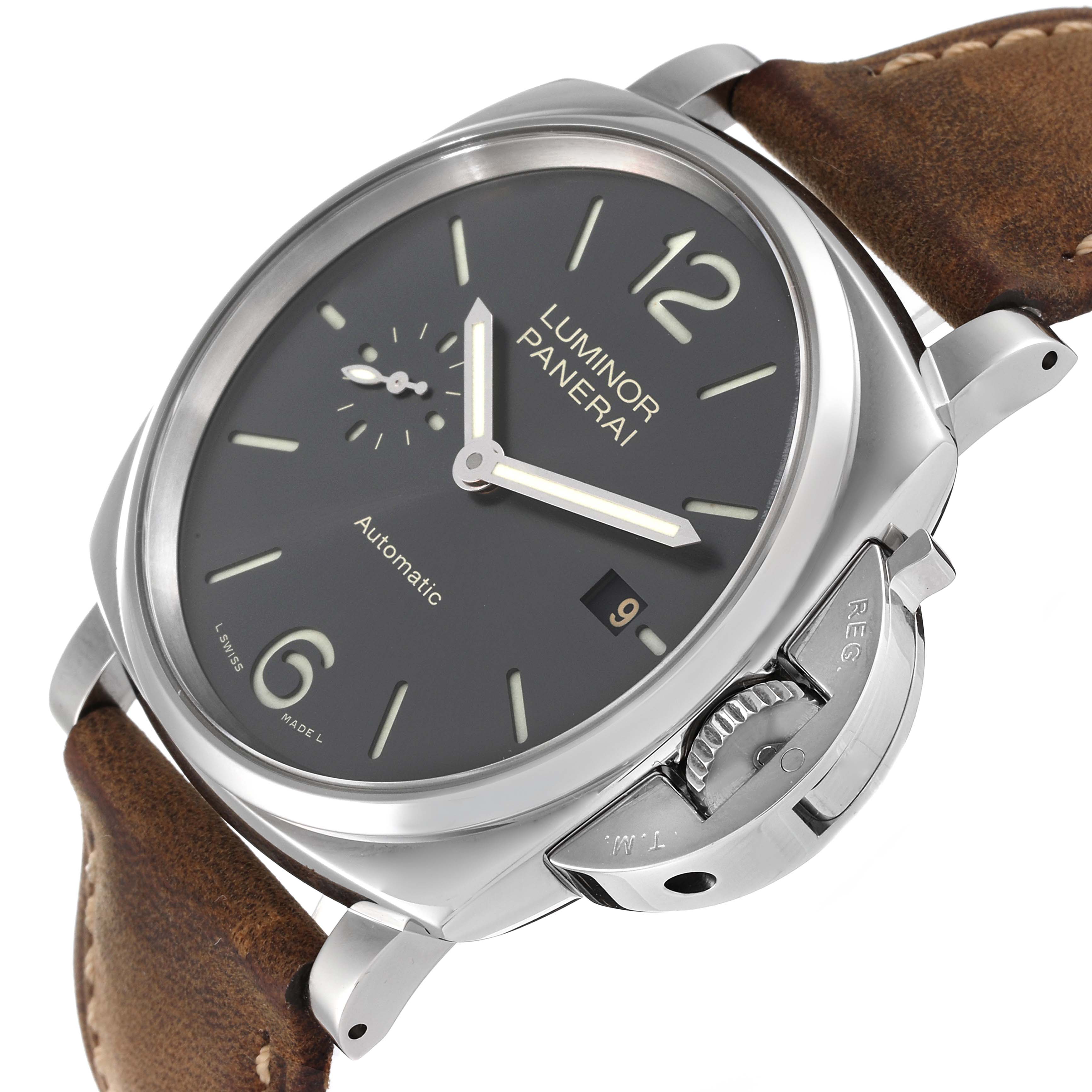 The image shows a Panerai Luminor PAM00904 Men's Stainless Steel Black Dial PAM00904 Men's Stainless Steel Black Dial watch at an oblique angle, highlighting its face, crown, and brown leather strap.