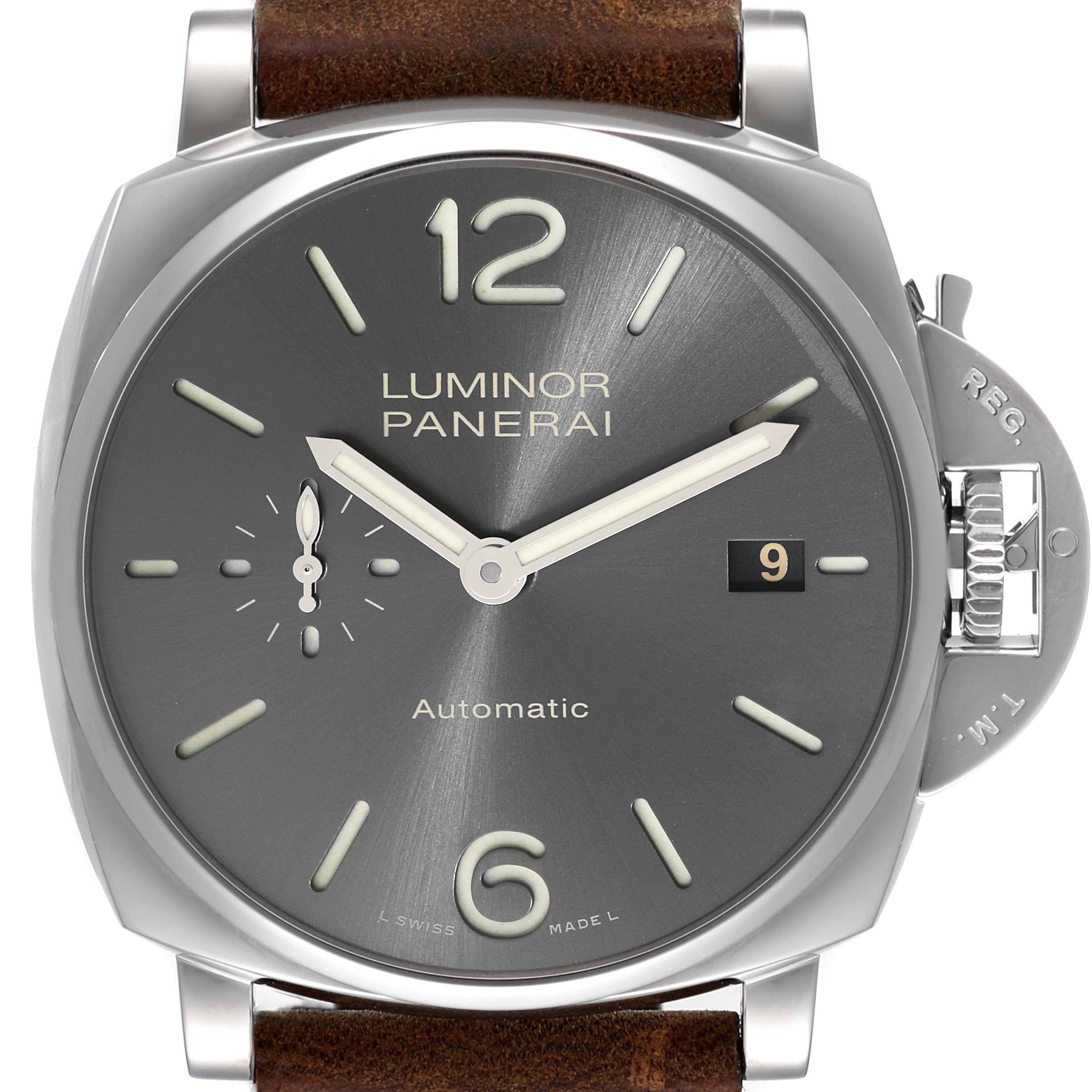 The image shows a front view of a Panerai Luminor PAM00904 Men's Stainless Steel Black Dial PAM00904 Men's Stainless Steel Black Dial watch, highlighting the dial, hands, date window, and crown guard.