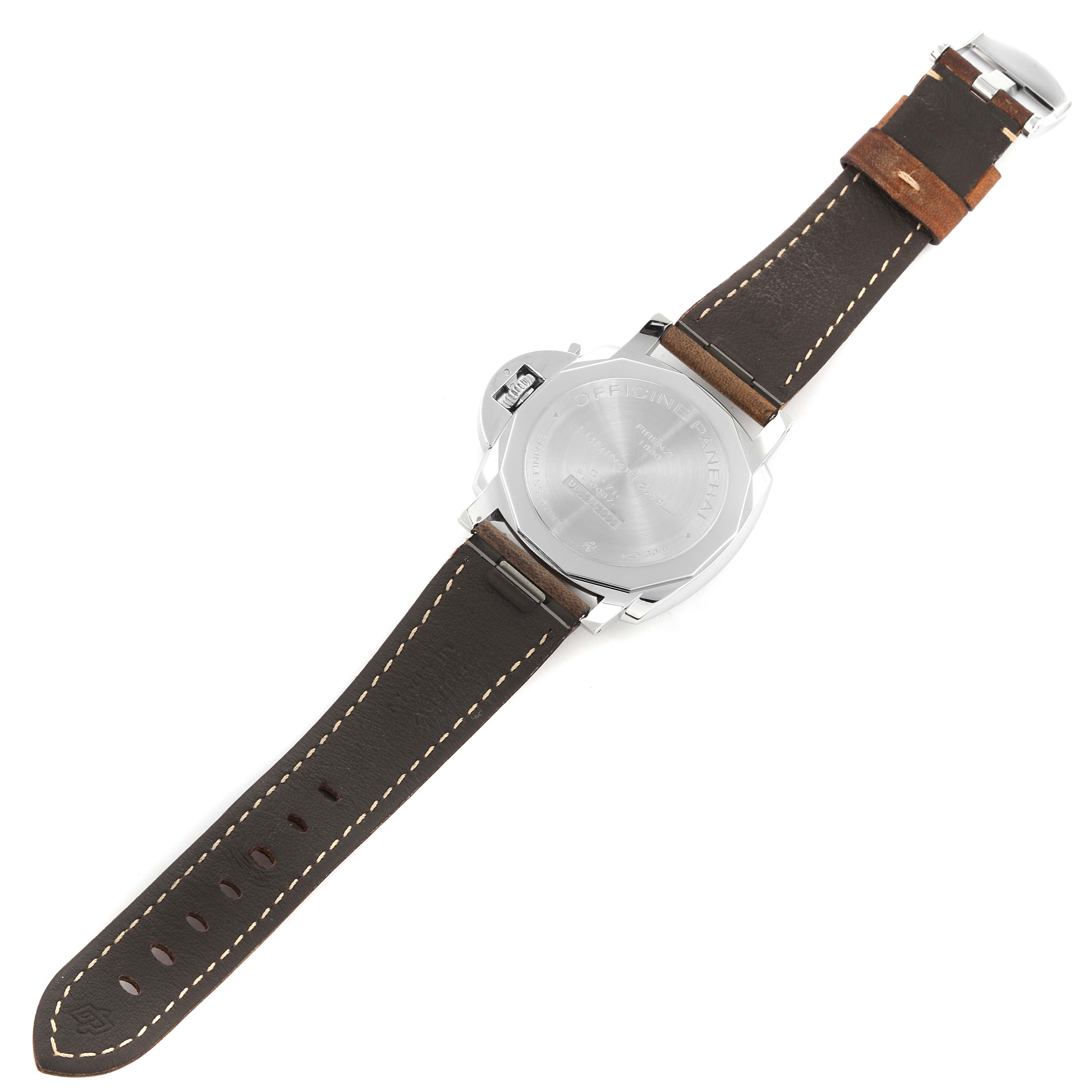 The image shows the back view of a Panerai Luminor PAM00904 Men's Stainless Steel Black Dial PAM00904 Men's Stainless Steel Black Dial watch with a brown leather strap.