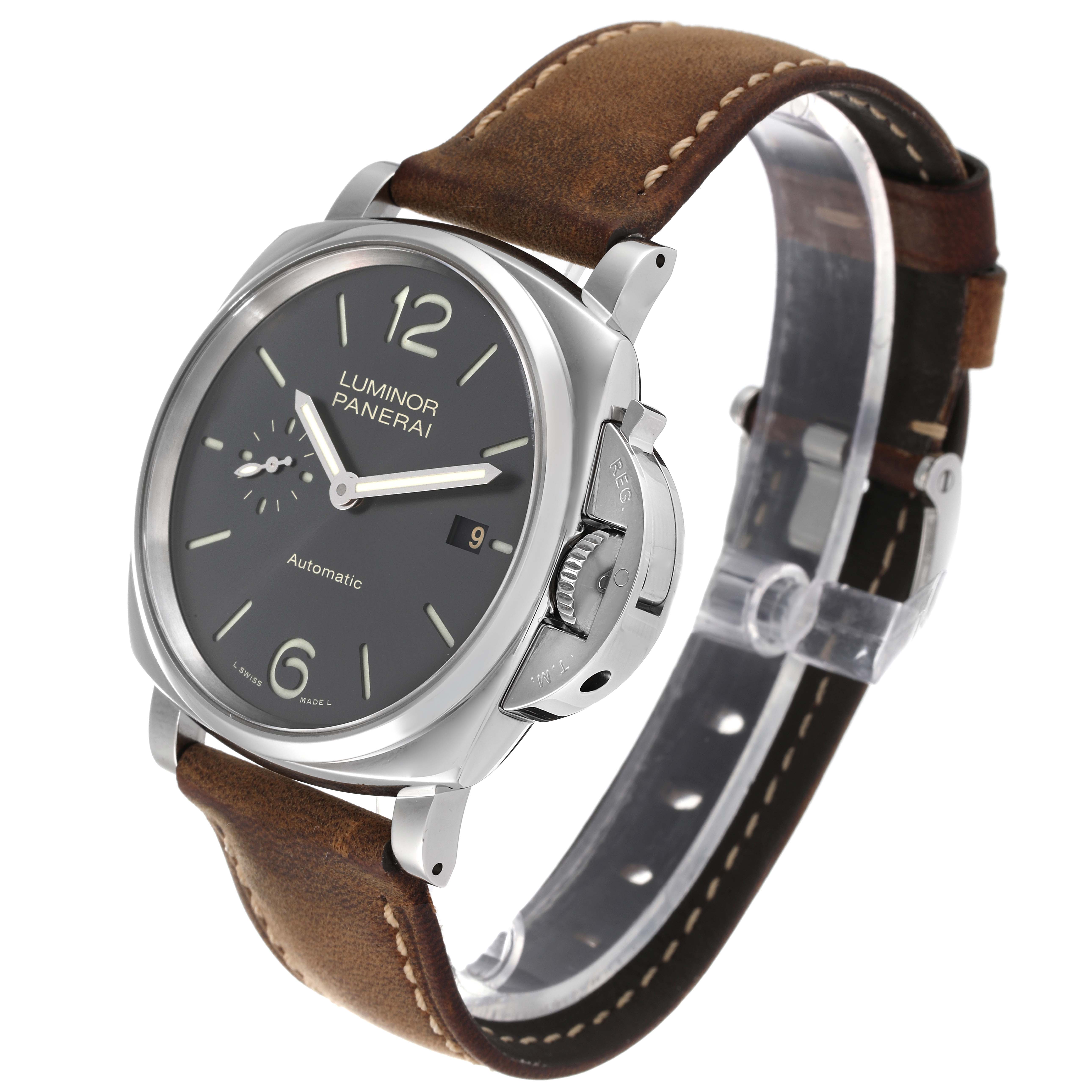 This image shows a Panerai Luminor PAM00904 Men's Stainless Steel Black Dial PAM00904 Men's Stainless Steel Black Dial watch from an angled front view, highlighting the face, case, crown guard, and leather strap.
