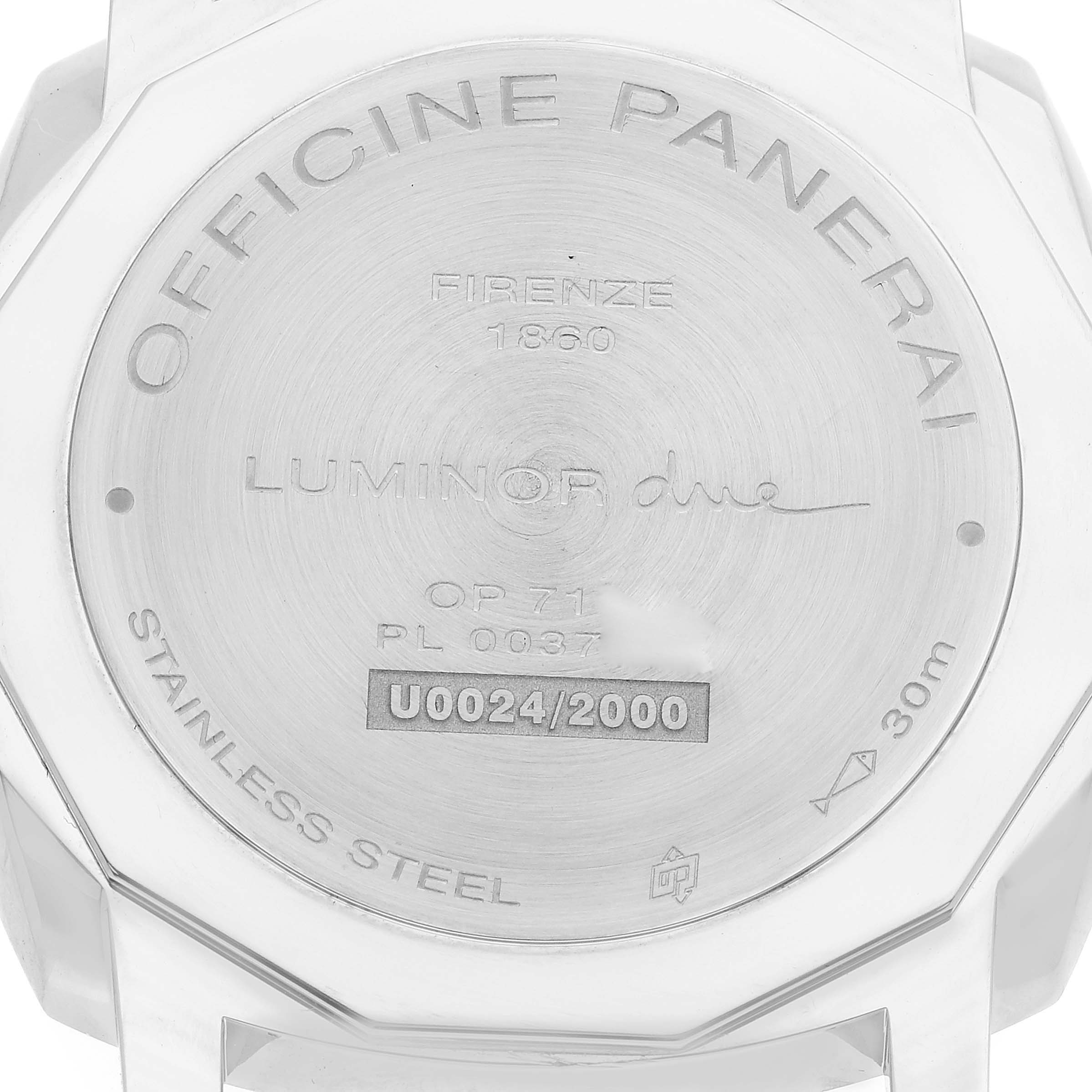 This image shows the stainless steel case back of a Panerai Luminor PAM00904 Men's Stainless Steel Black Dial PAM00904 Men's Stainless Steel Black Dial watch from a straight-on angle.